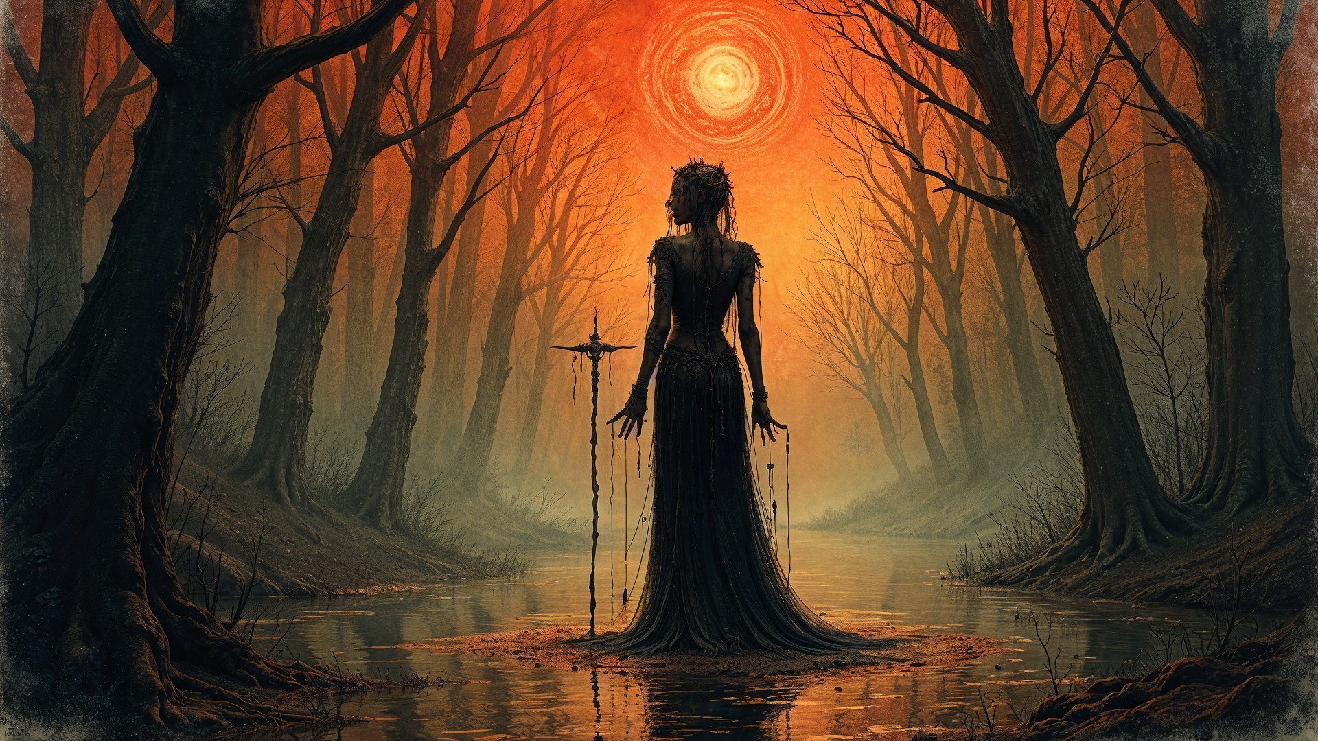 Mysterious Figure in Haunting Forest at Sunset