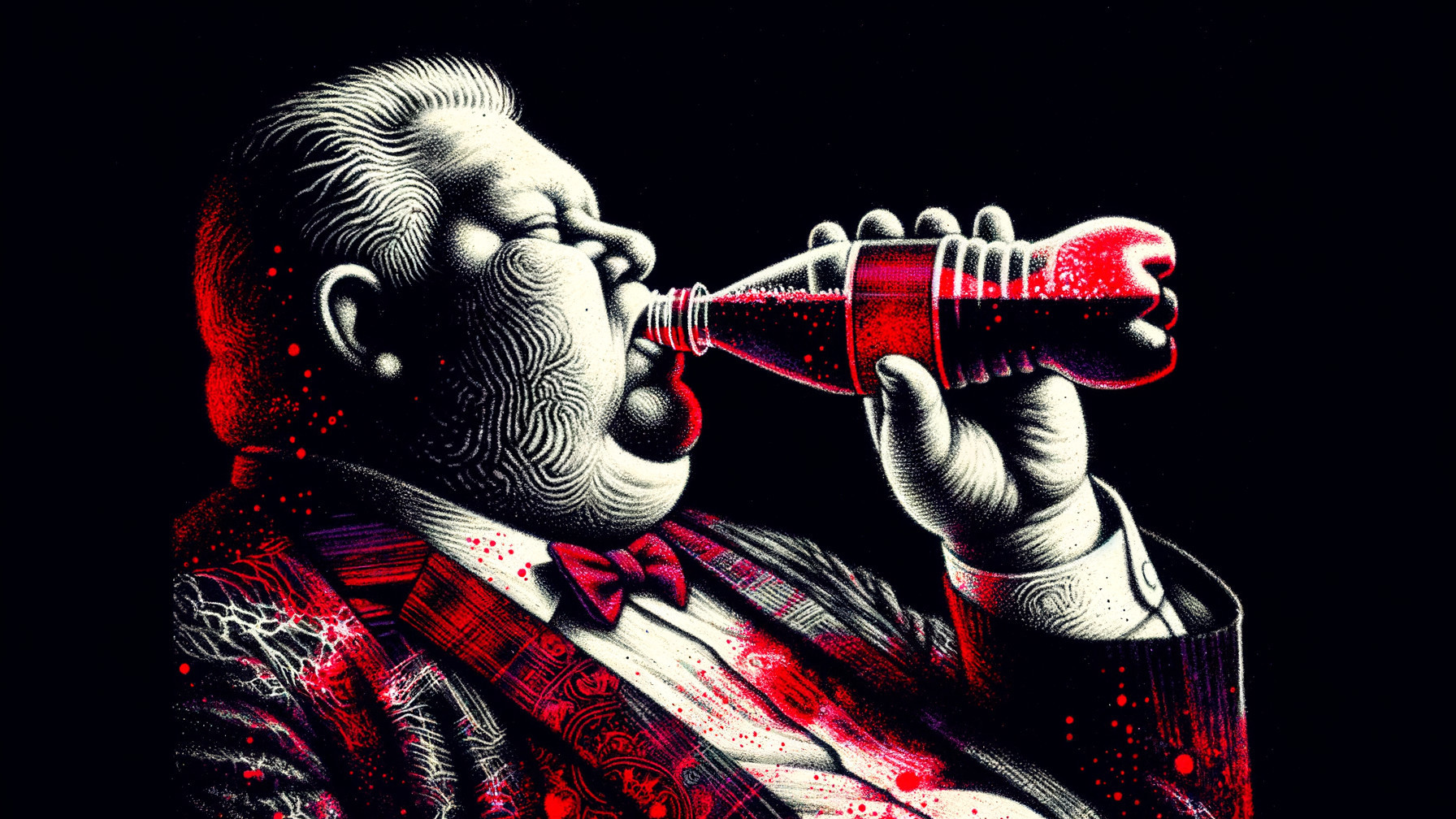 Illustration of a man in suit enjoying a soda bottle