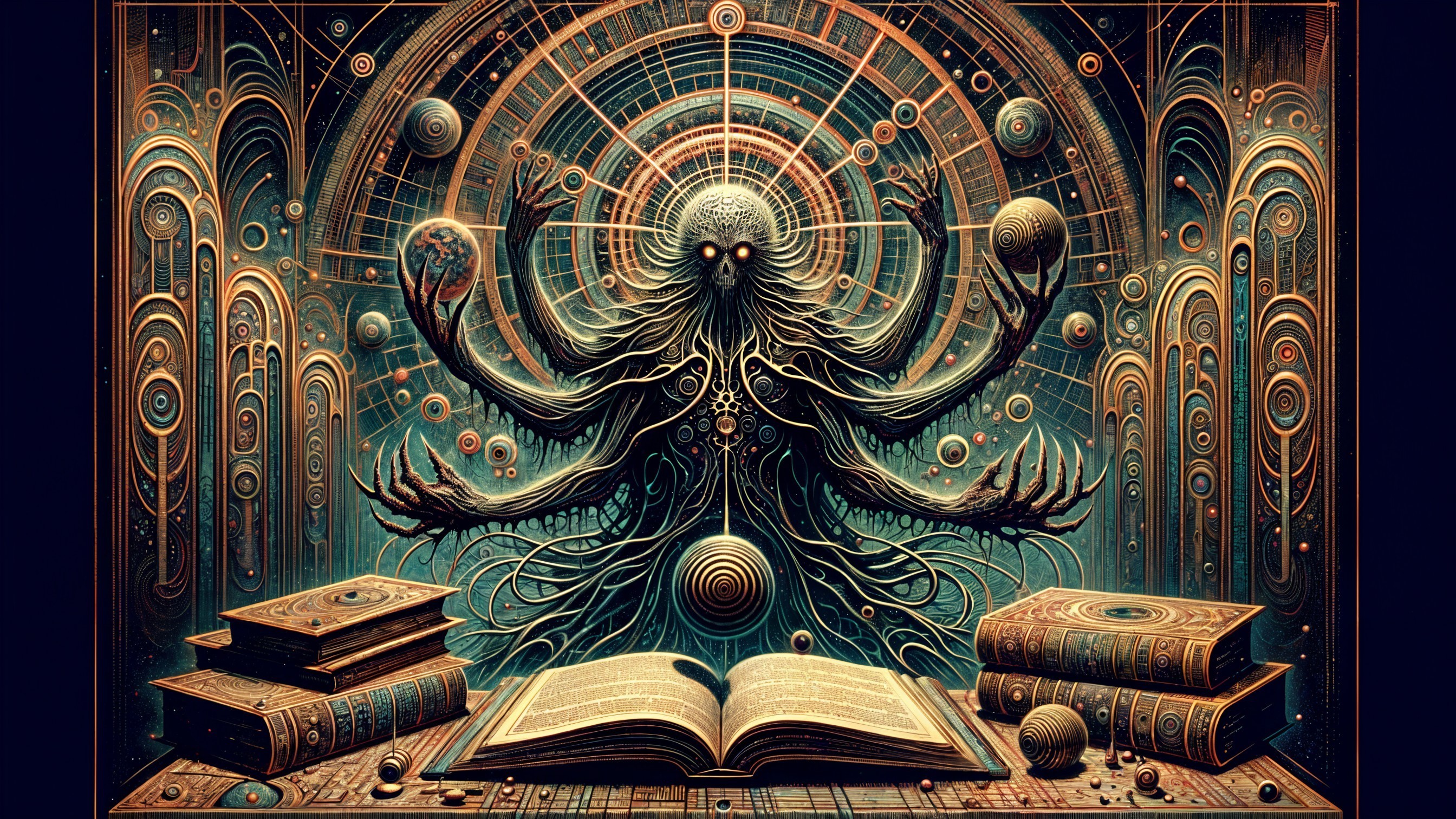 Cosmic Figure with Tentacle Design and Ancient Books
