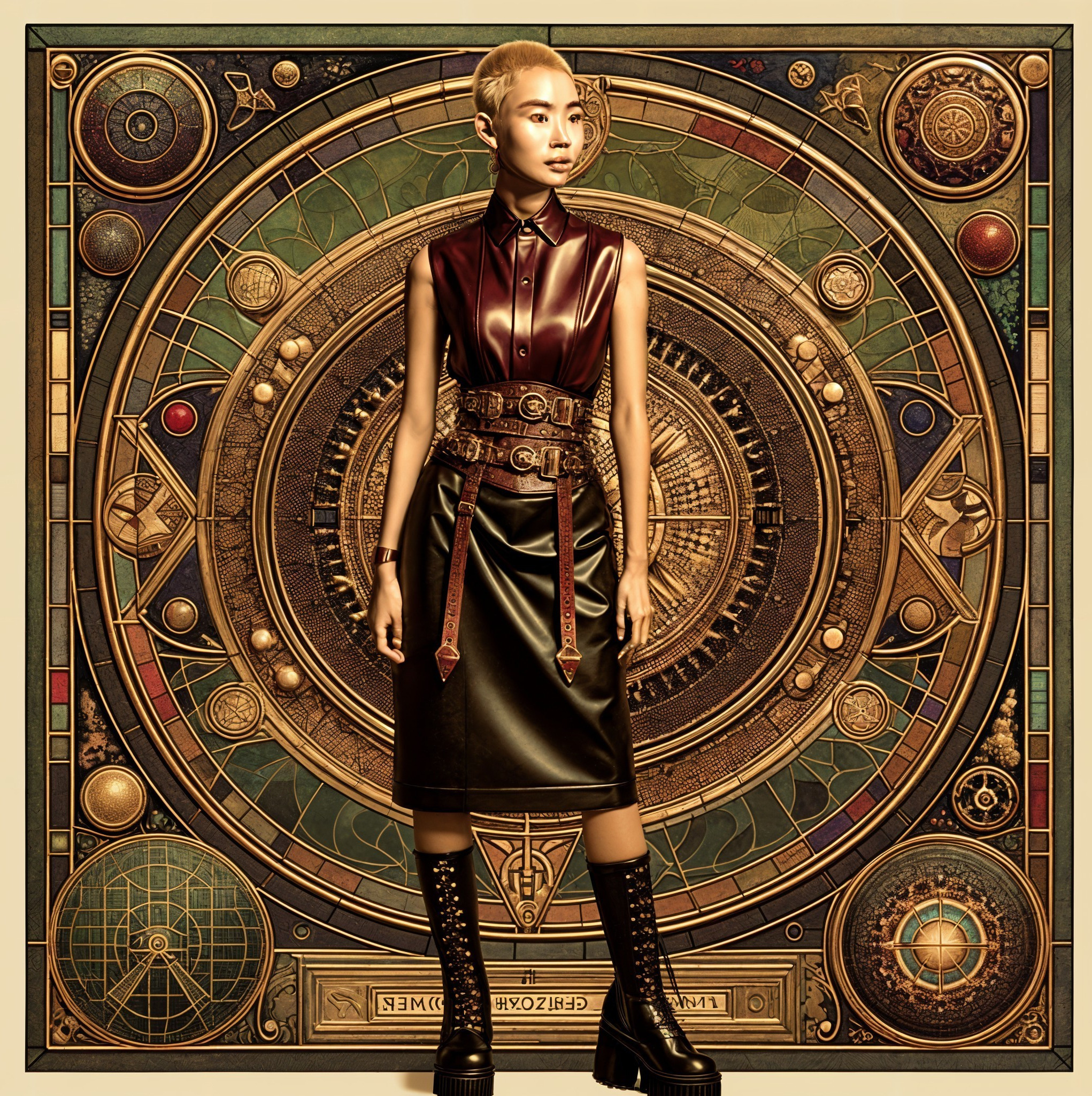 Confident Figure in Stylish Outfit Against Ornate Backdrop