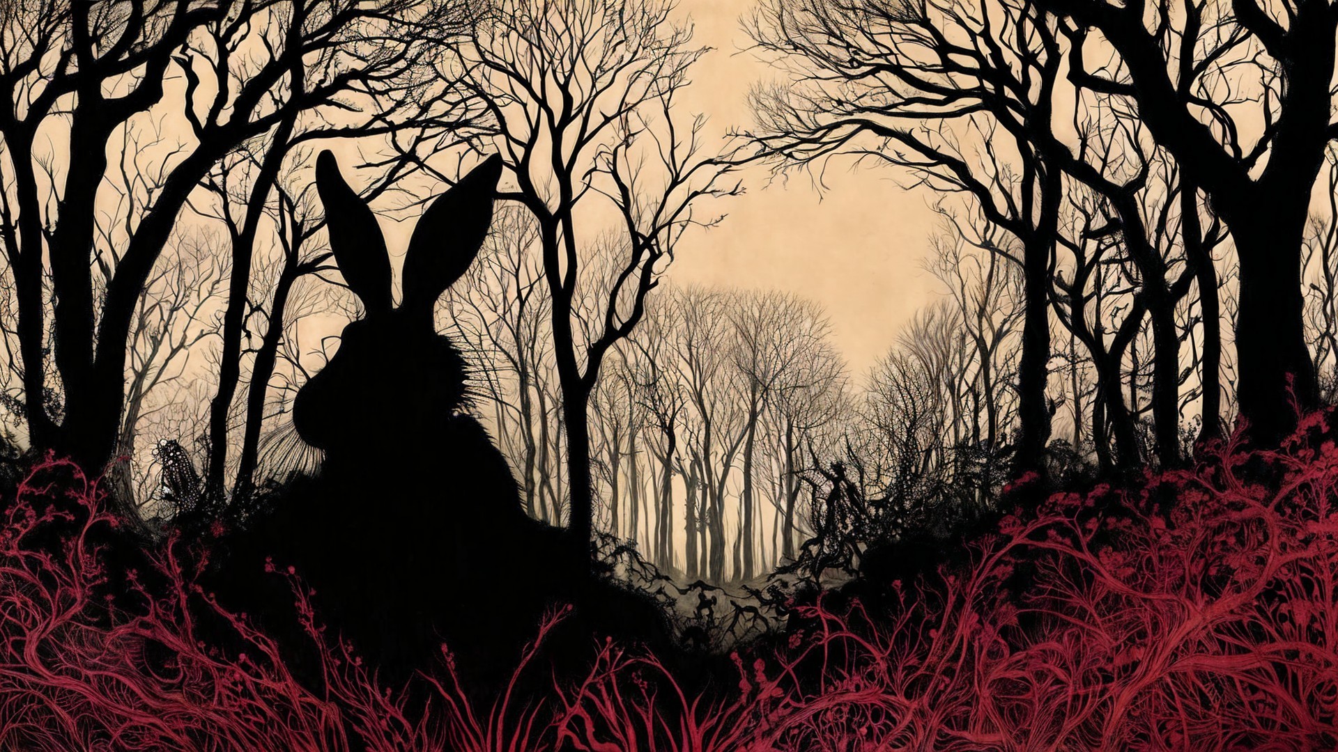 Dark Landscape with Rabbit Silhouette and Twisted Trees