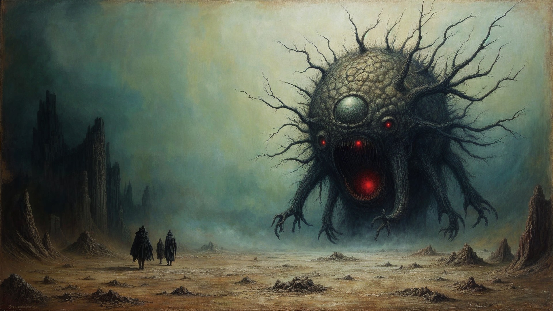 Cloaked Figures Facing Colossal Nightmarish Creature