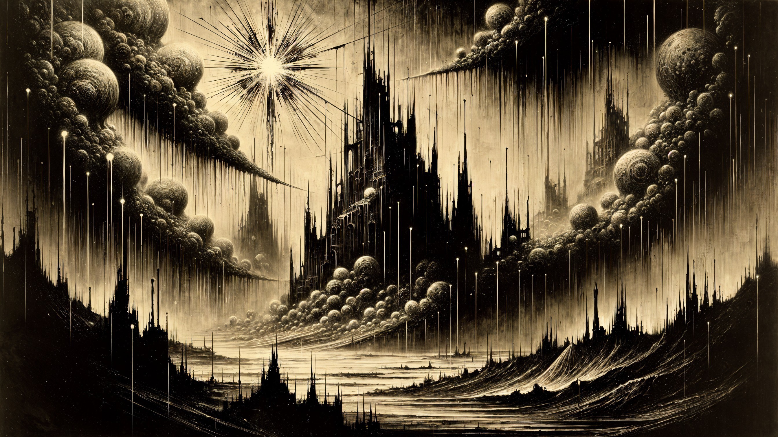 Monochromatic Landscape with Dark Spires and Clouds