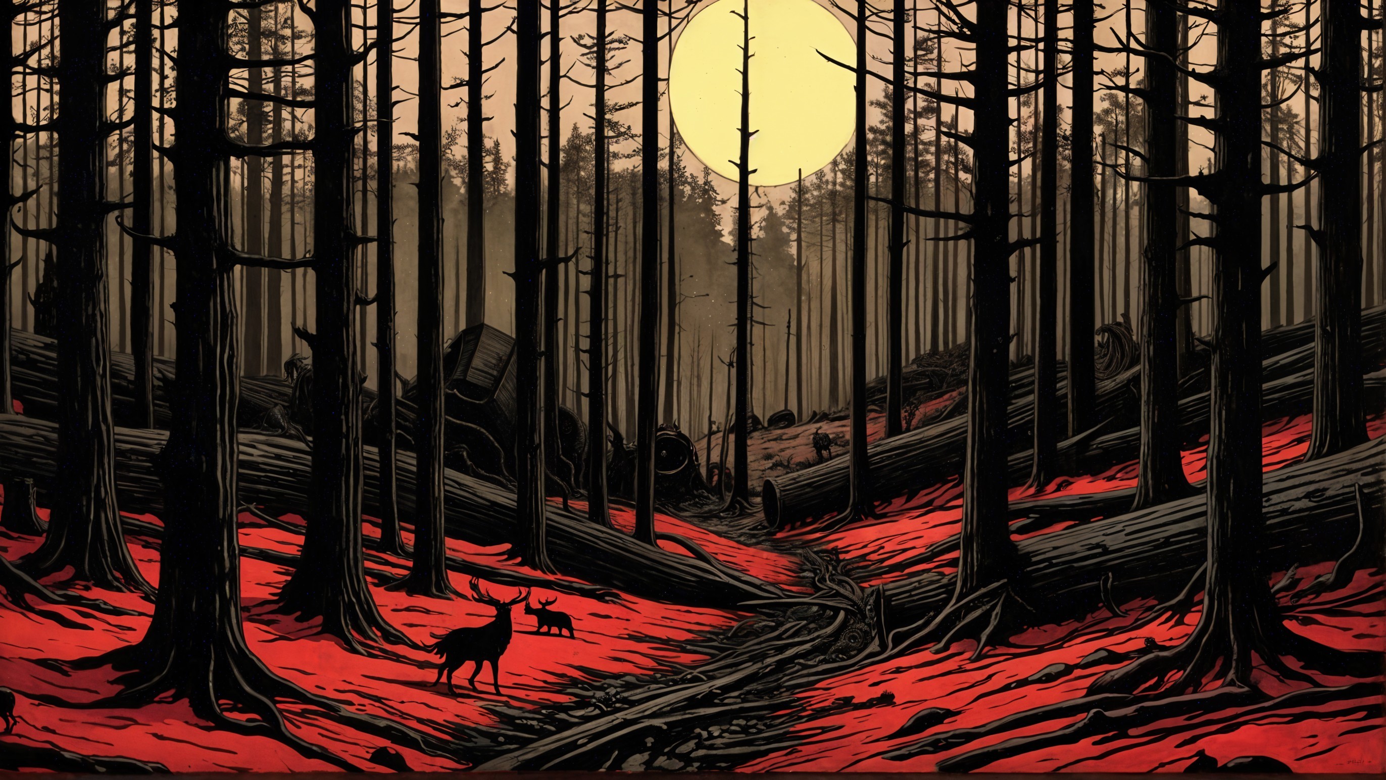 Haunting Forest Scene with Eerie Moon and Shadows