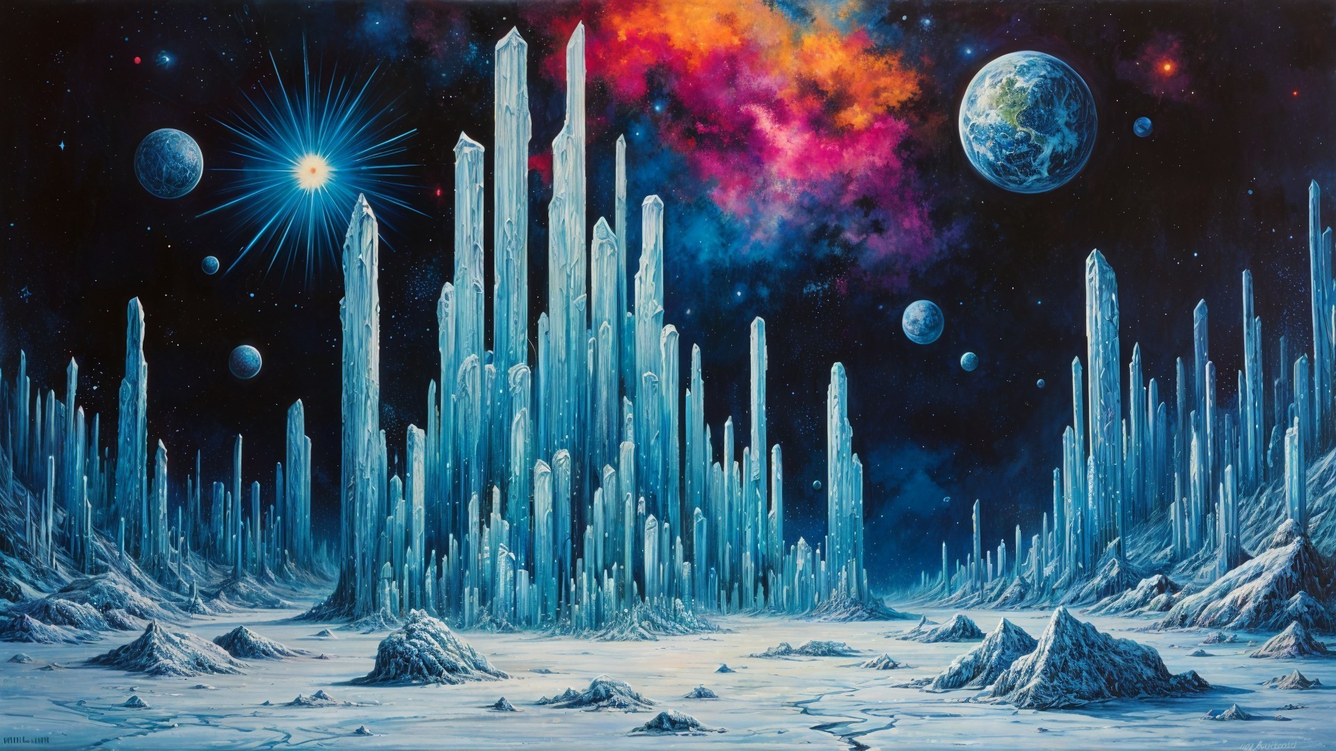 Alien Landscape with Crystal Formations and Nebulae