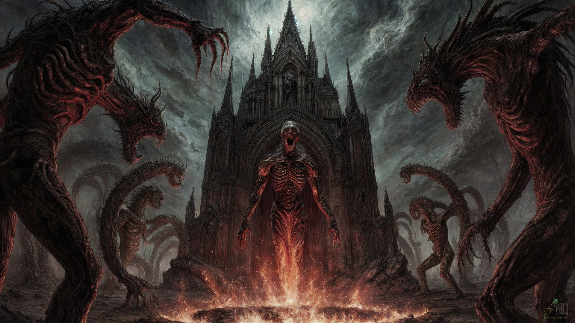Gothic Cathedral and Sinister Figures in Dark Landscape