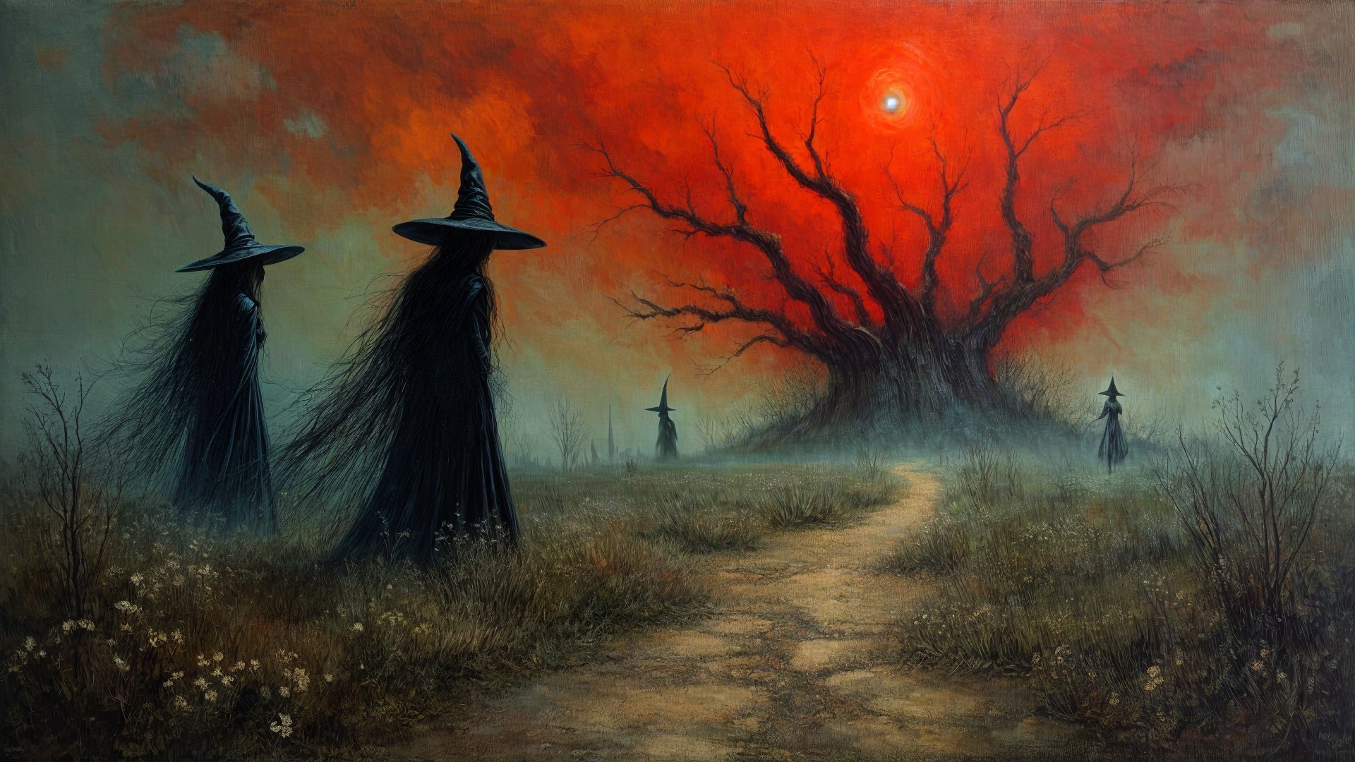 Shadowy Figures in Haunting Landscape at Sunset
