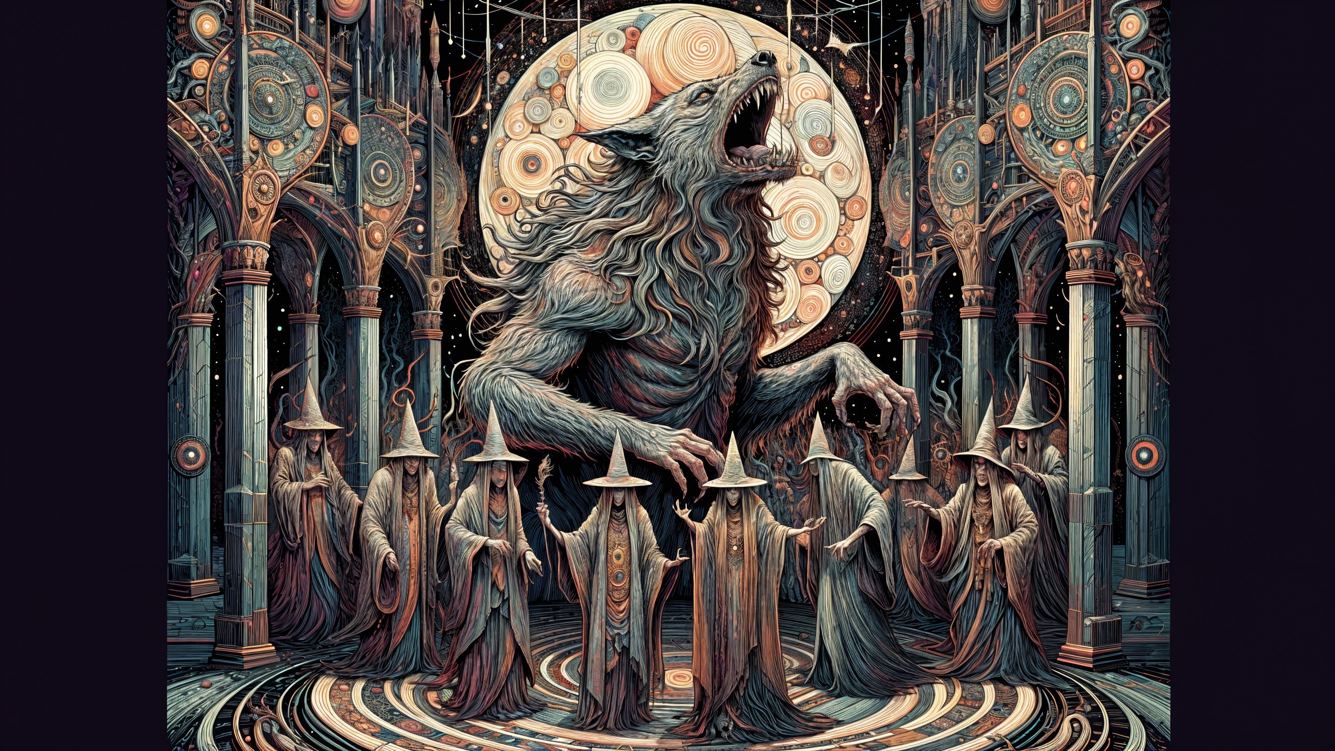 Colossal Wolf-like Creature Amid Hooded Figures in Ritual
