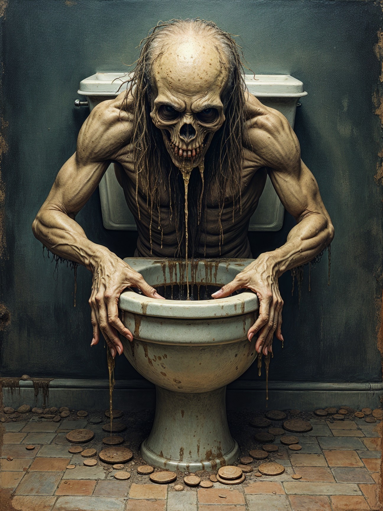 Grotesque Skeletal Figure in Dimly Lit Bathroom