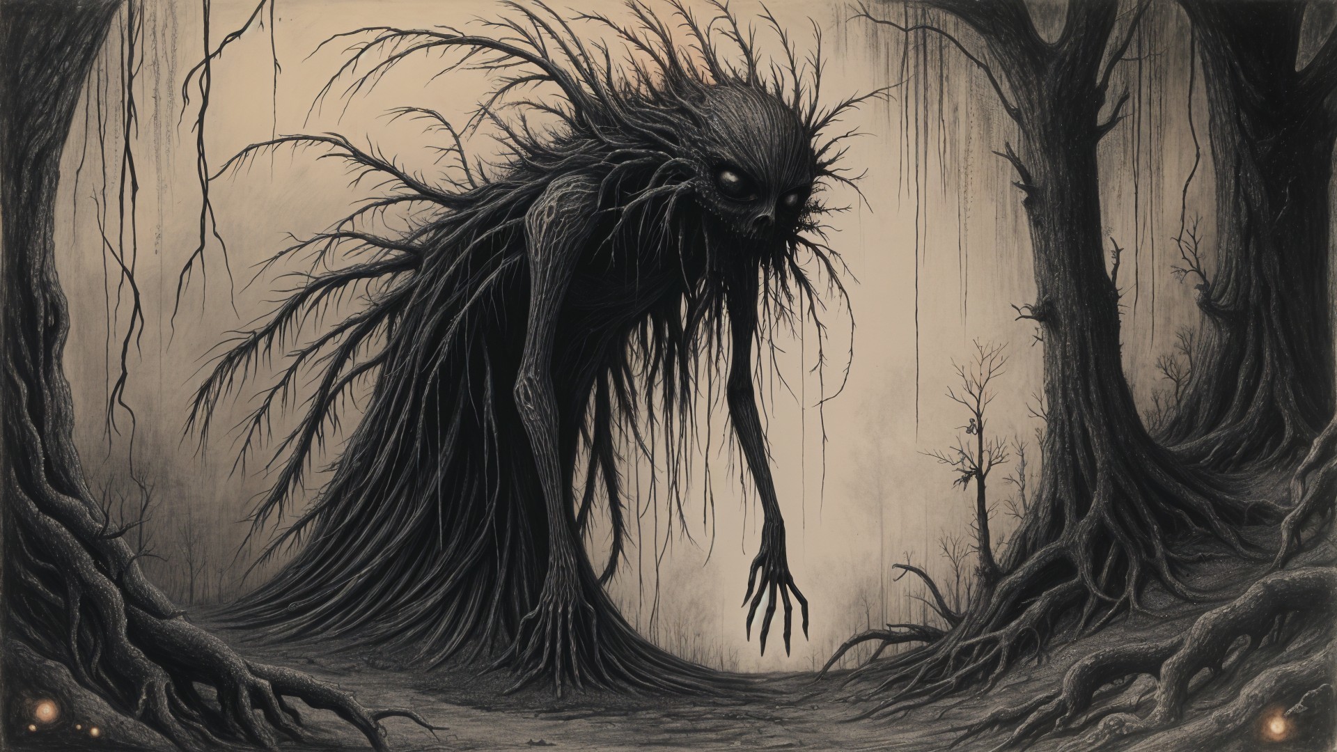 Ominous Figure in a Shadowy Forest Scene