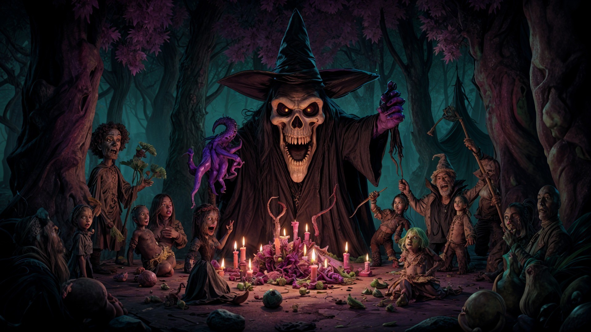 Sinister Figure in Enchanted Forest with Grotesque Puppets