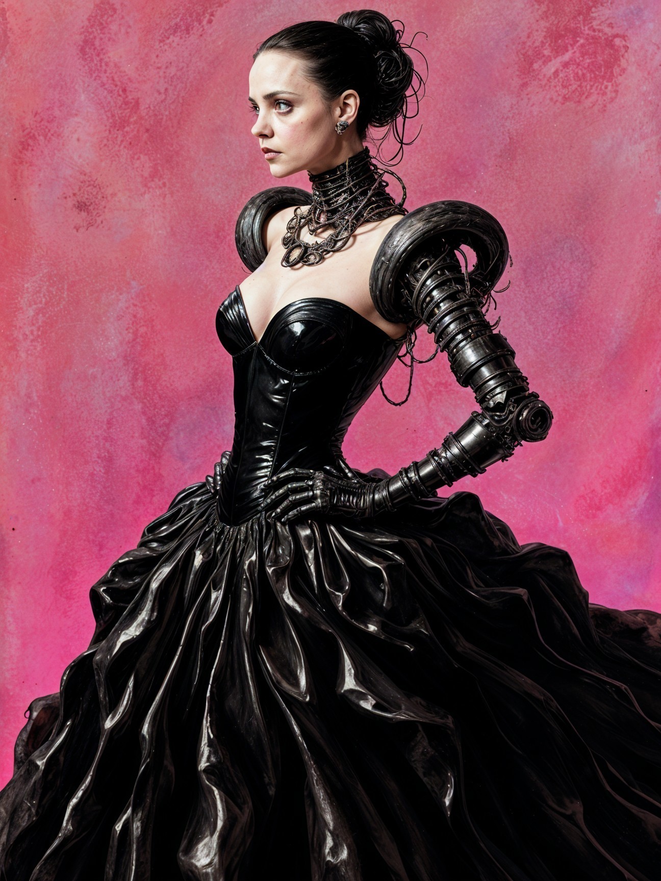 Futuristic gown with voluminous black skirt and accessories