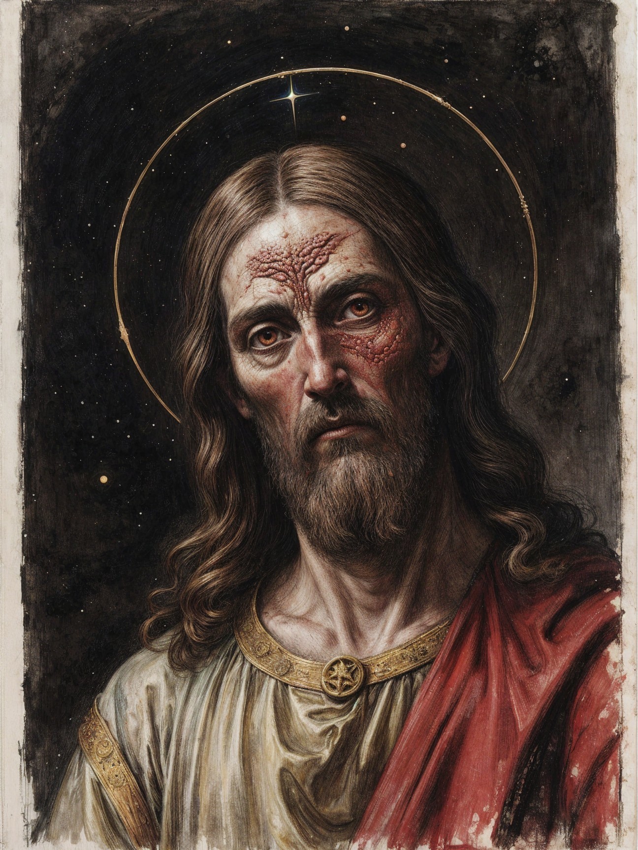 Portrait of a solemn figure with a luminous halo