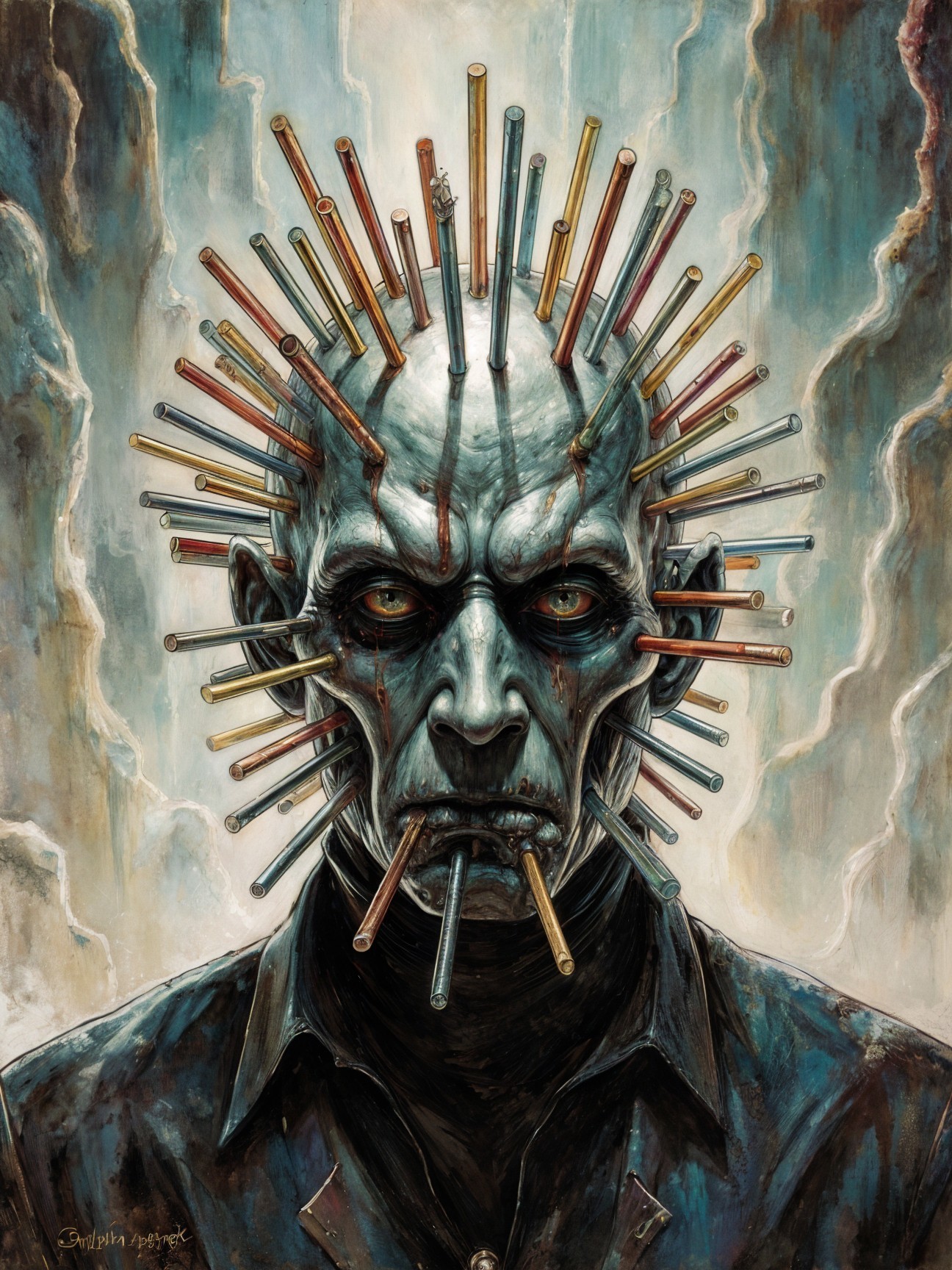 Surreal Figure with Halo of Colorful Sharp Objects