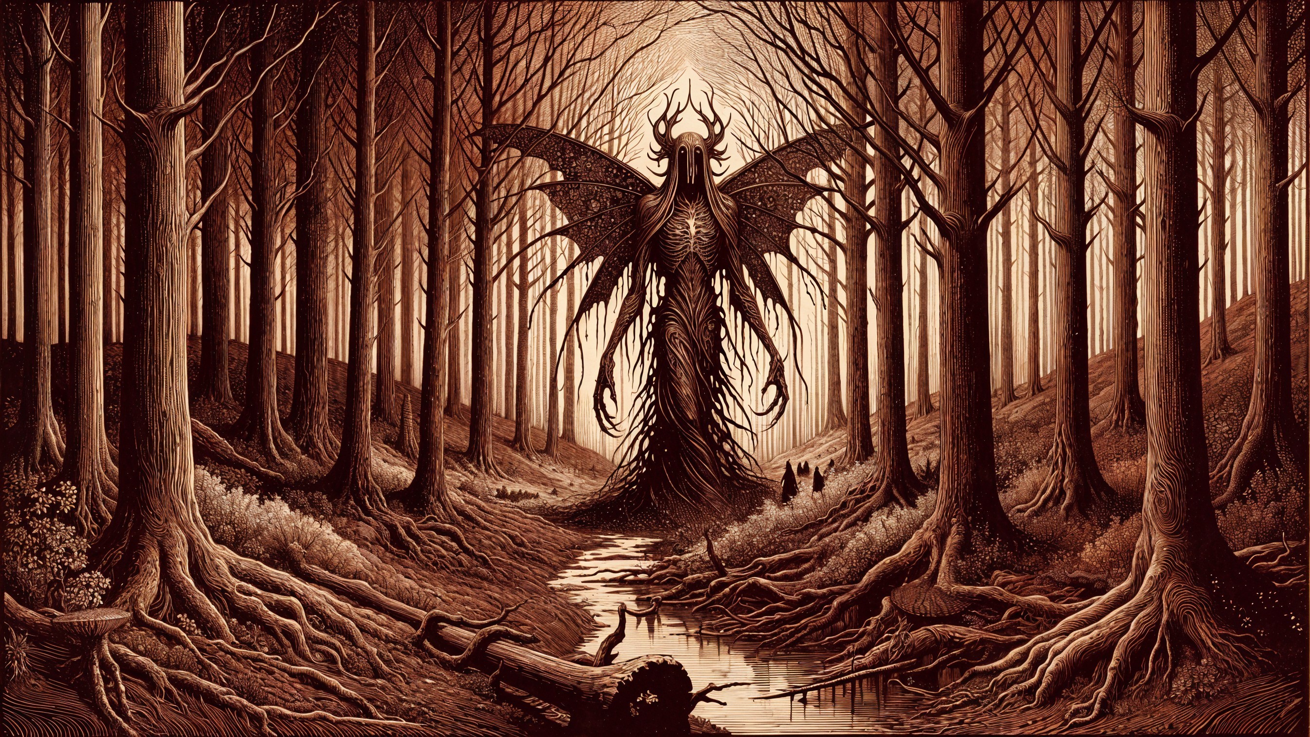 Dark Winged Figure in Eerie Twilight Forest