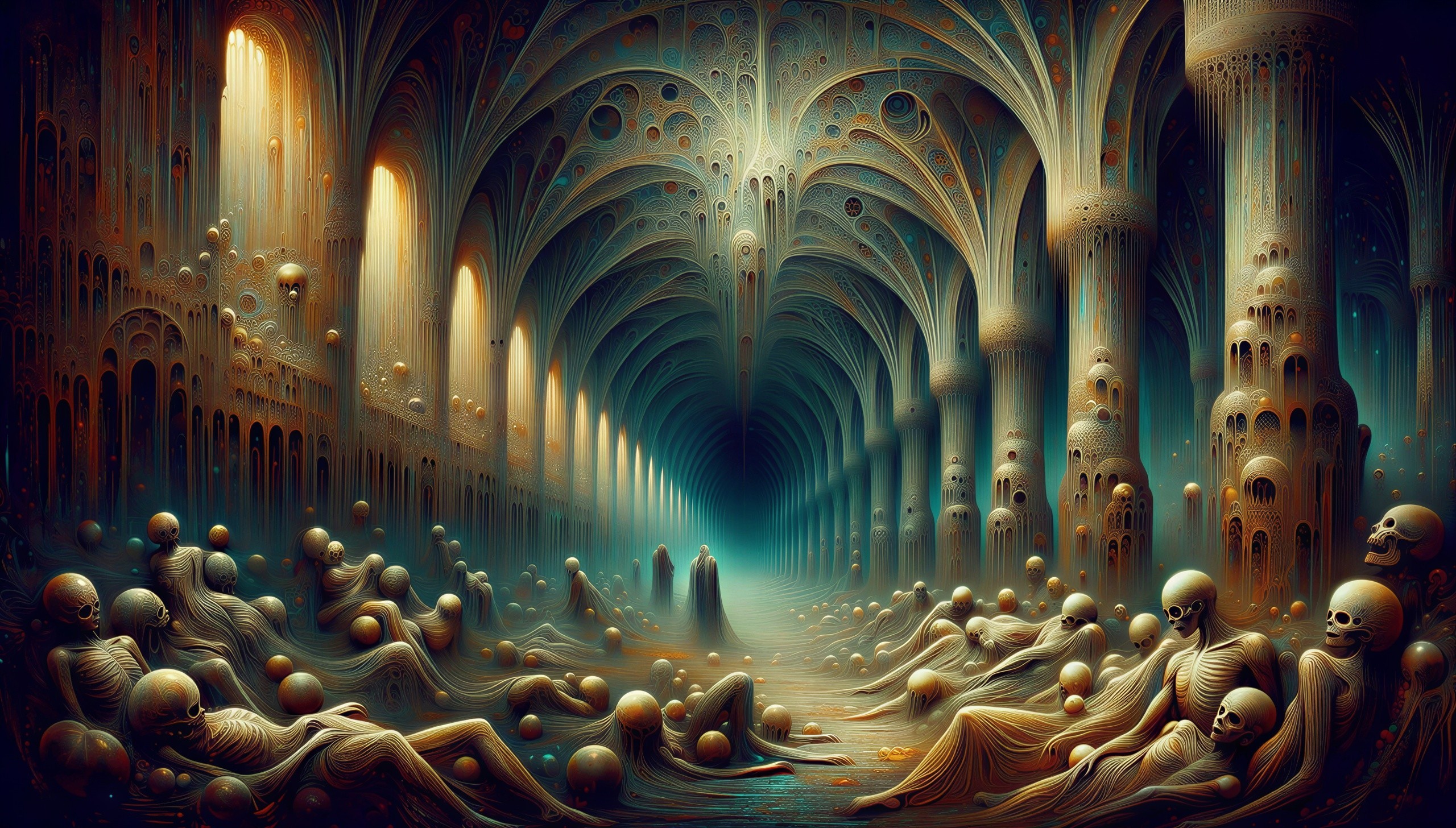 Dramatic Oil Painting of Gothic Cathedral Interior