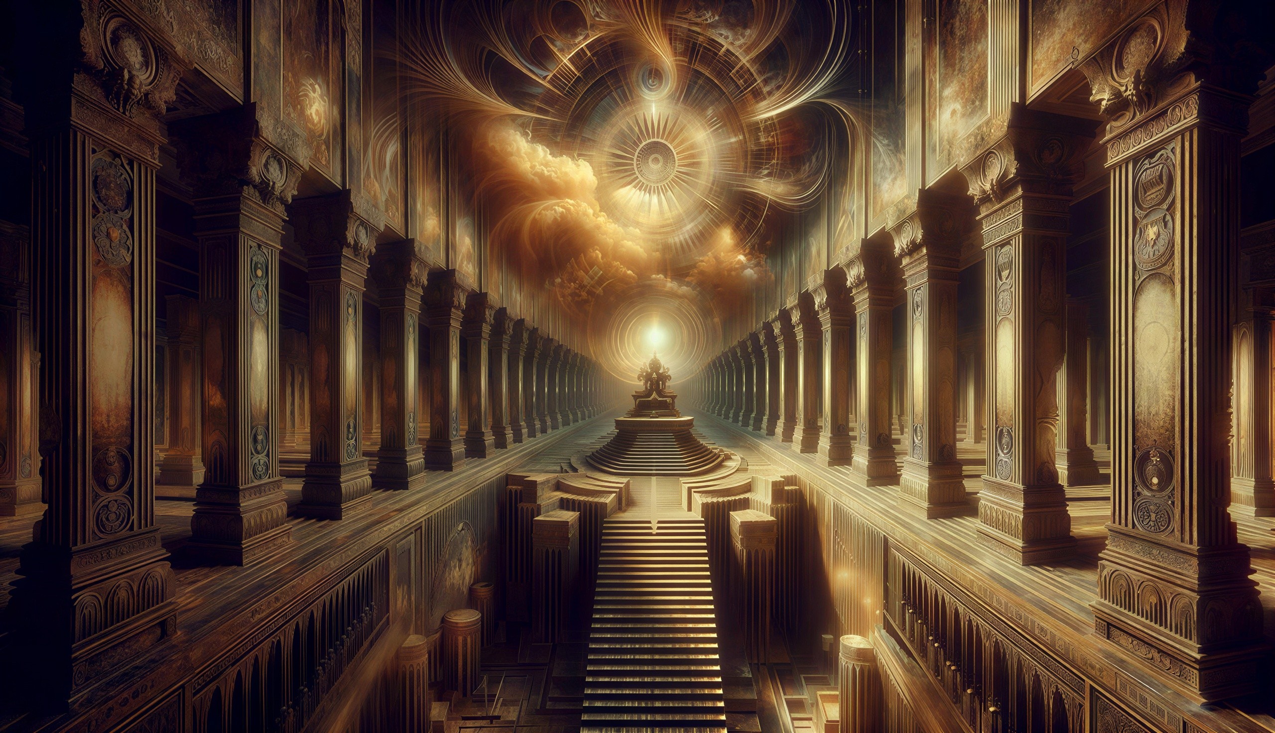 Ornate Hallway with Intricate Pillars and Ethereal Light