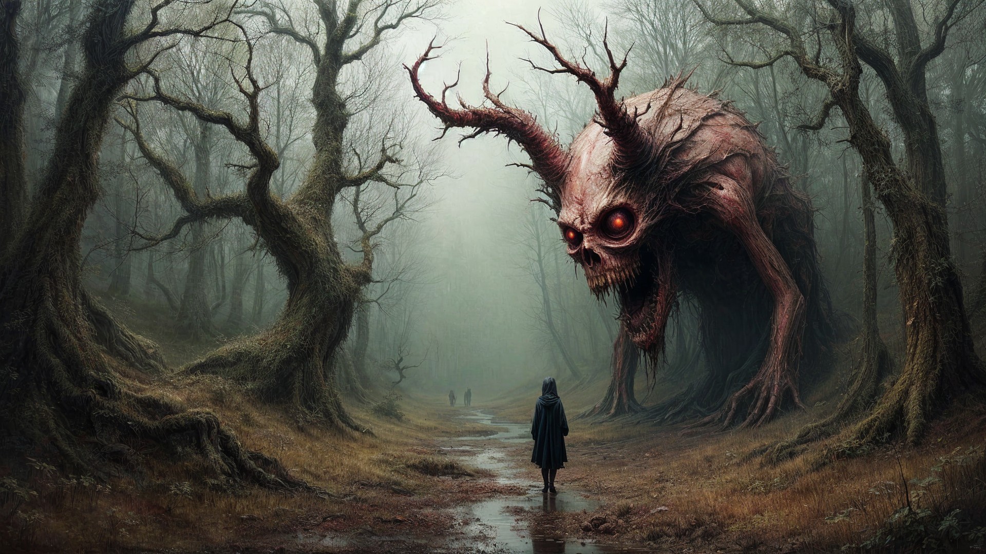 Misty Forest Scene with Cloaked Figure and Creature