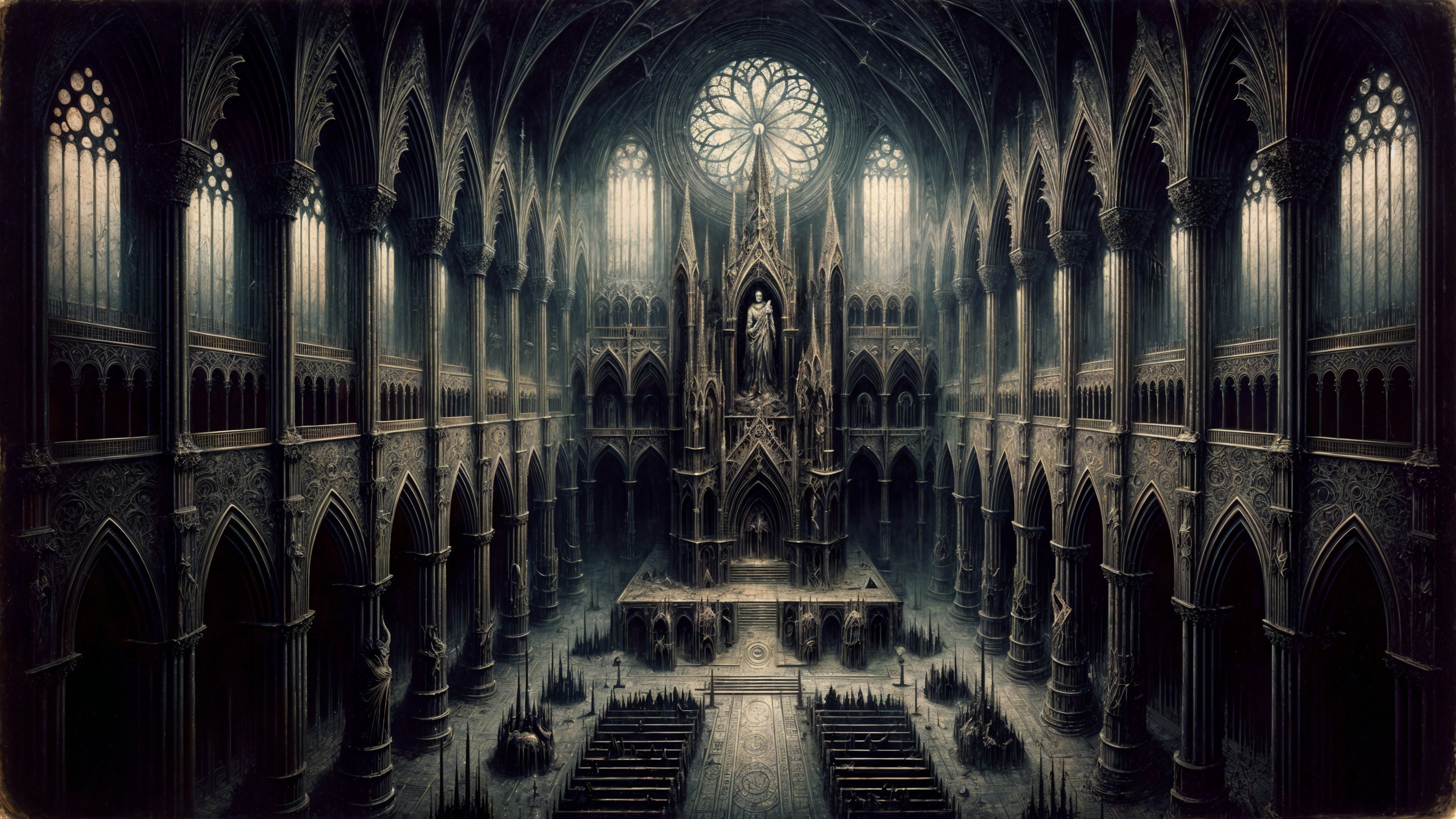 Gothic Cathedral Interior with Stained Glass and Altar