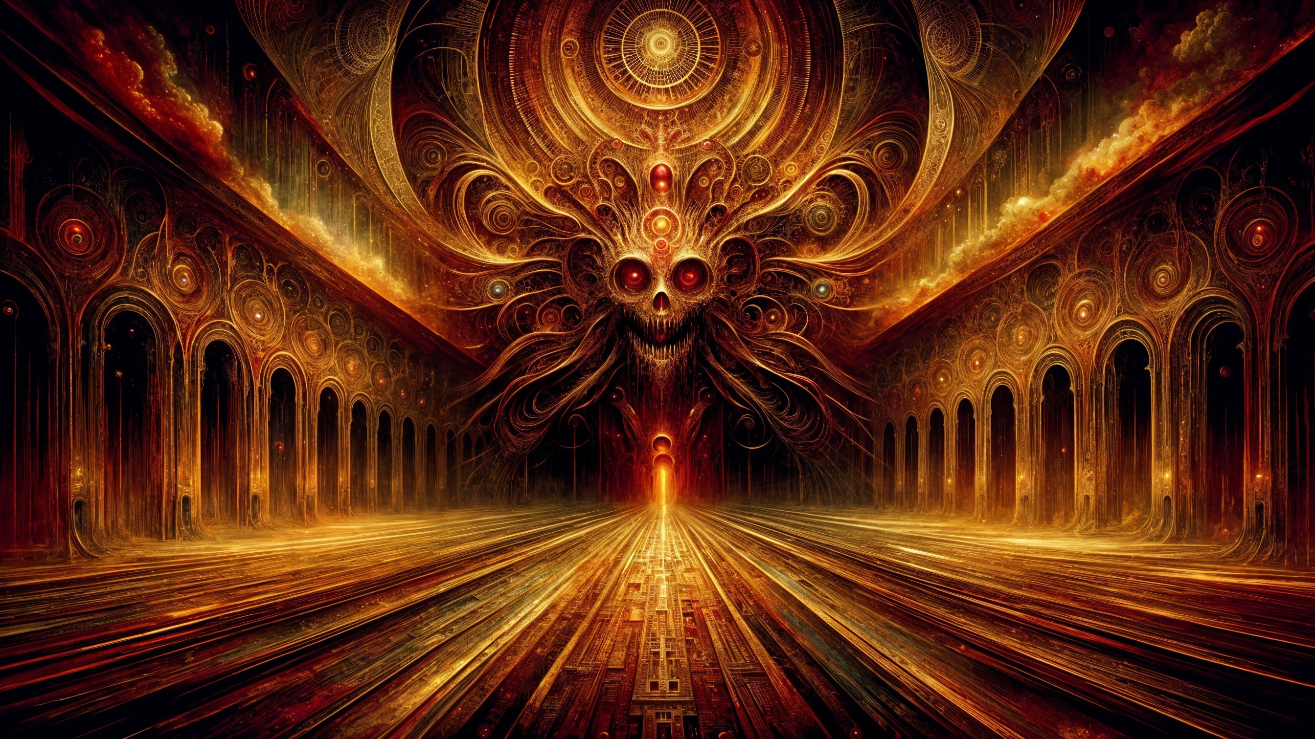 Otherworldly Hall with Sinister Figure and Portal