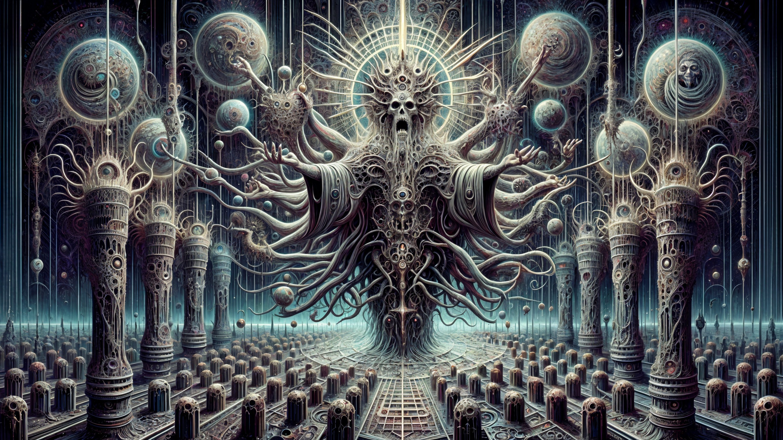 Surreal Cosmic Scene with Intricate Colossal Figure