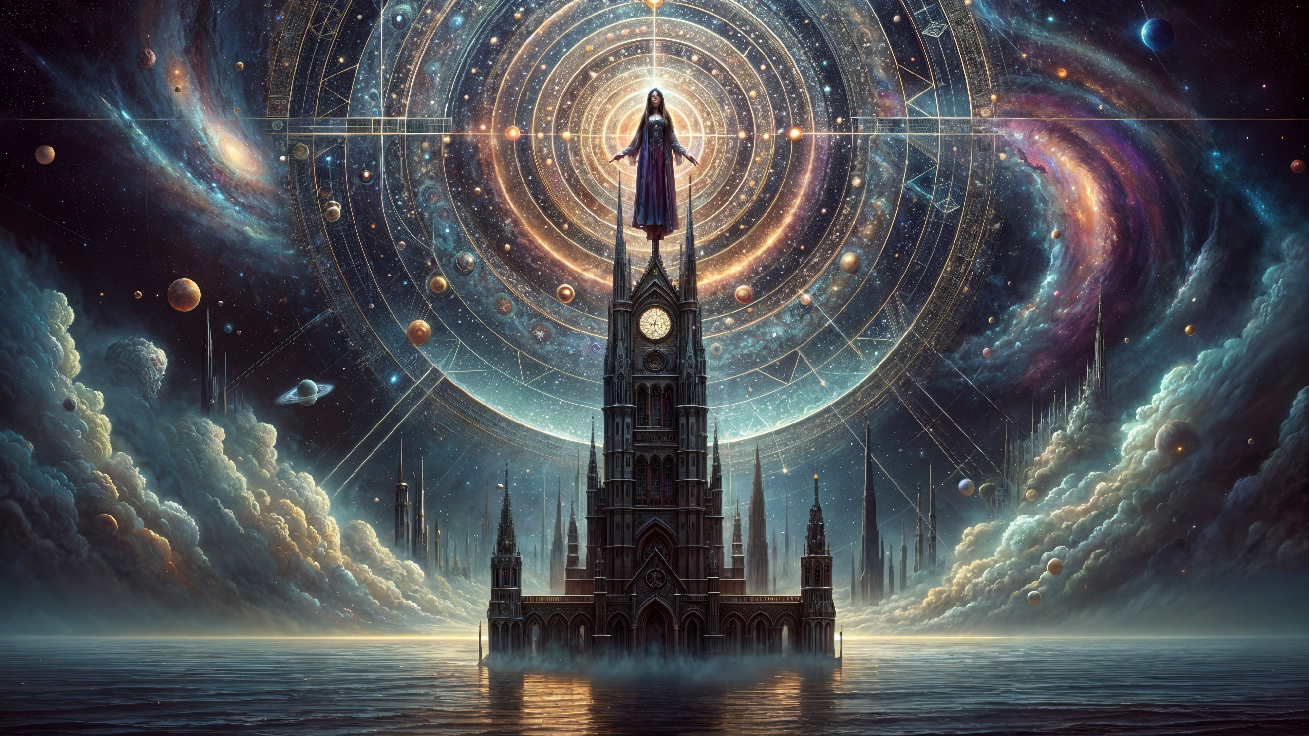 Majestic Dark Tower Surrounded by Cosmic Elements