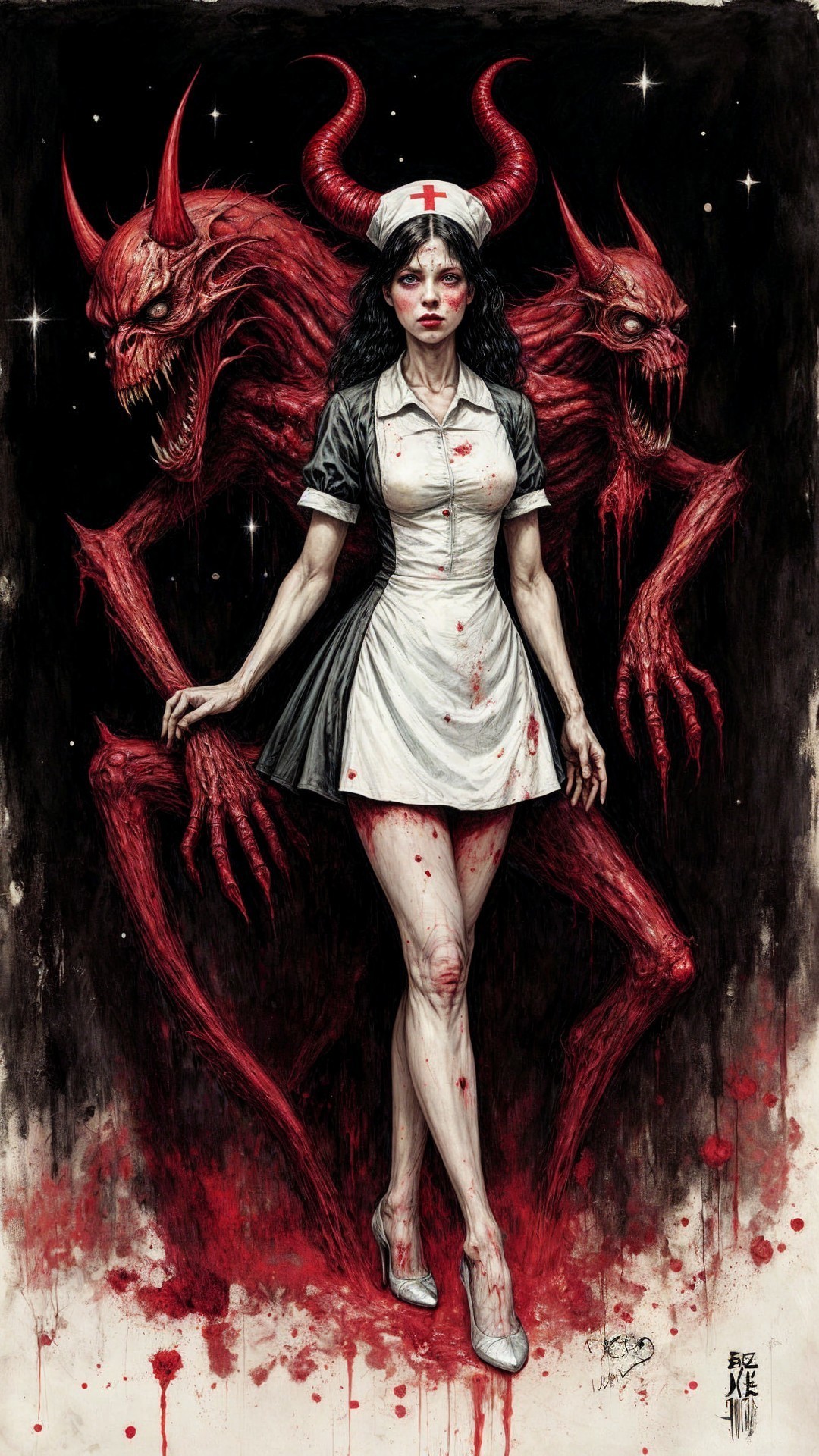 Nurse in Blood-Stained Uniform with Looming Demons