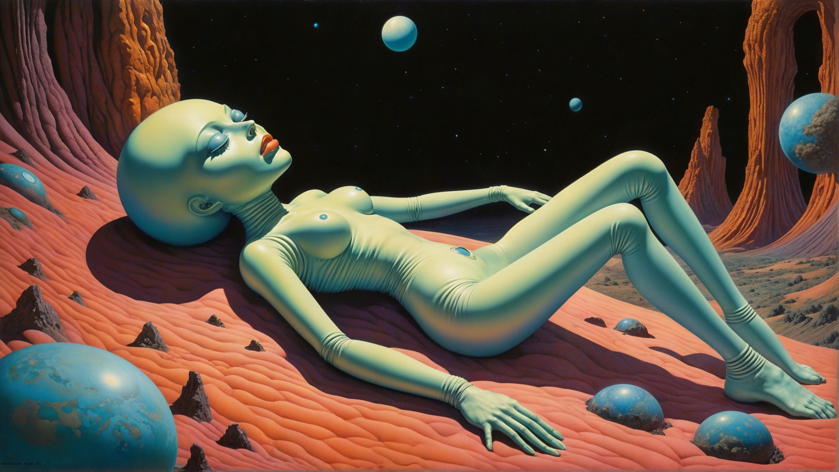 Stylized Extraterrestrial Figure in Vibrant Landscape
