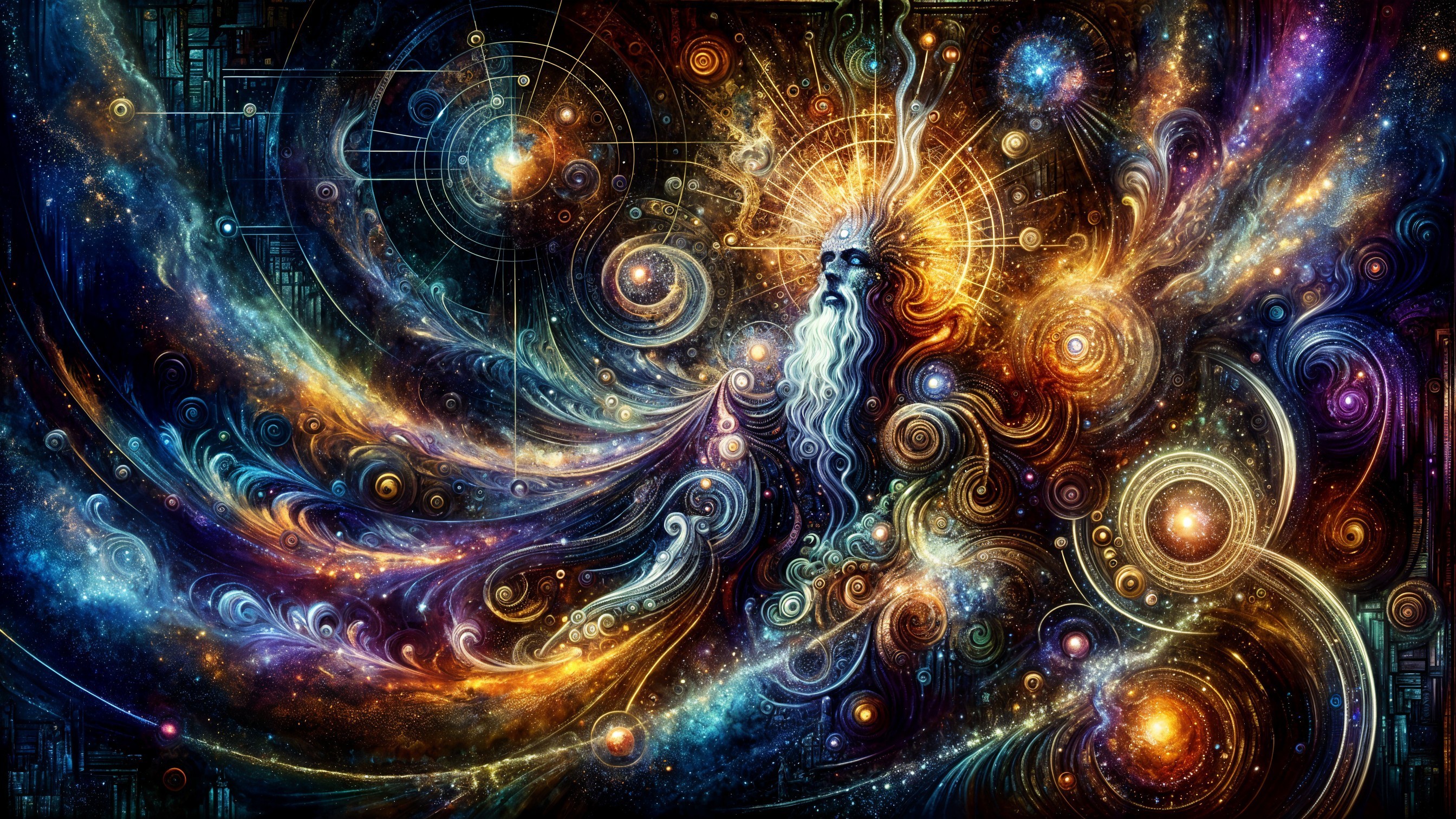 Vibrant Cosmic Scene with Mystical Universal Figure