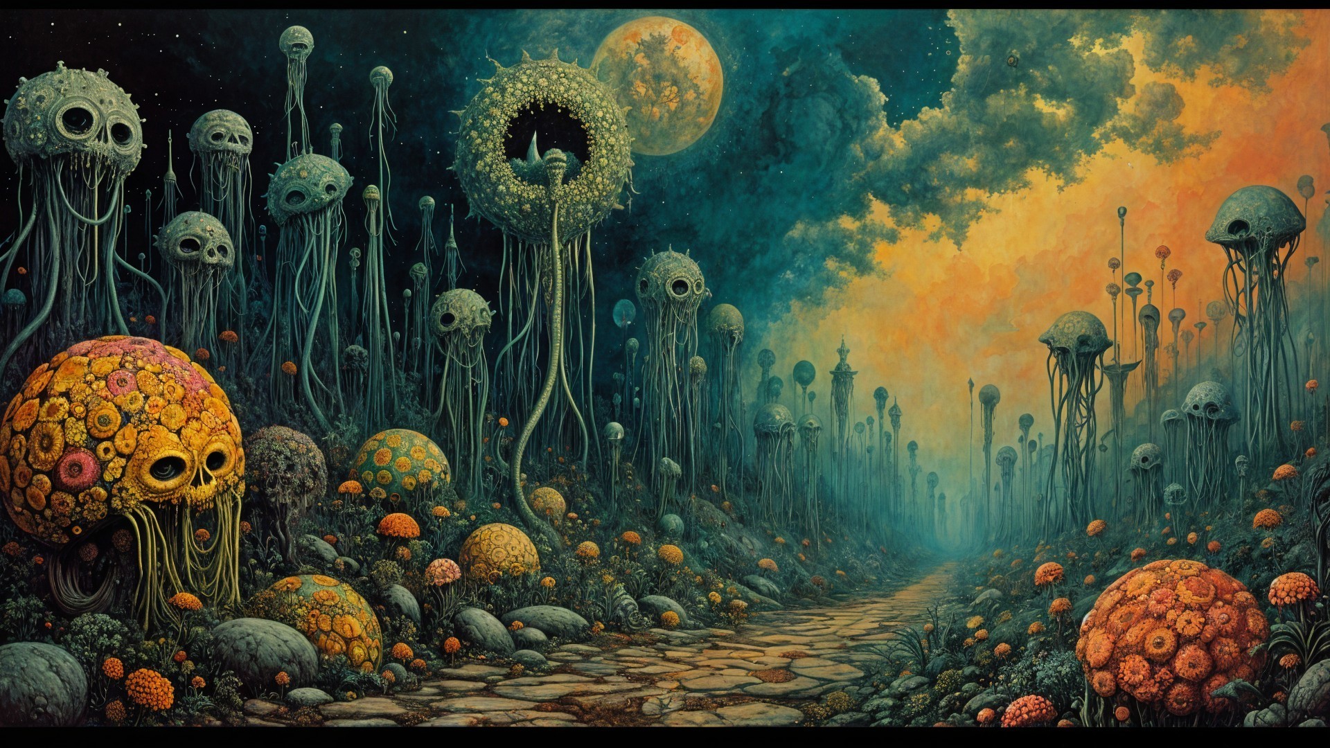 Surreal Landscape with Oversized Fungi and Skulls