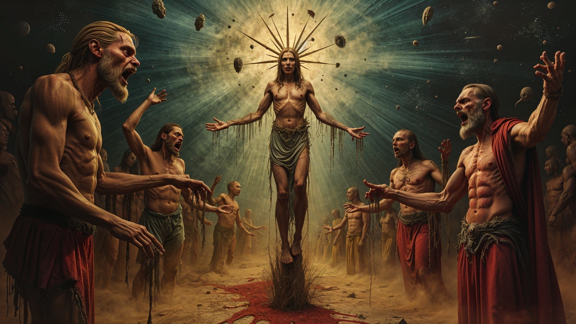 Dramatic Scene with Central Figure and Cosmic Background