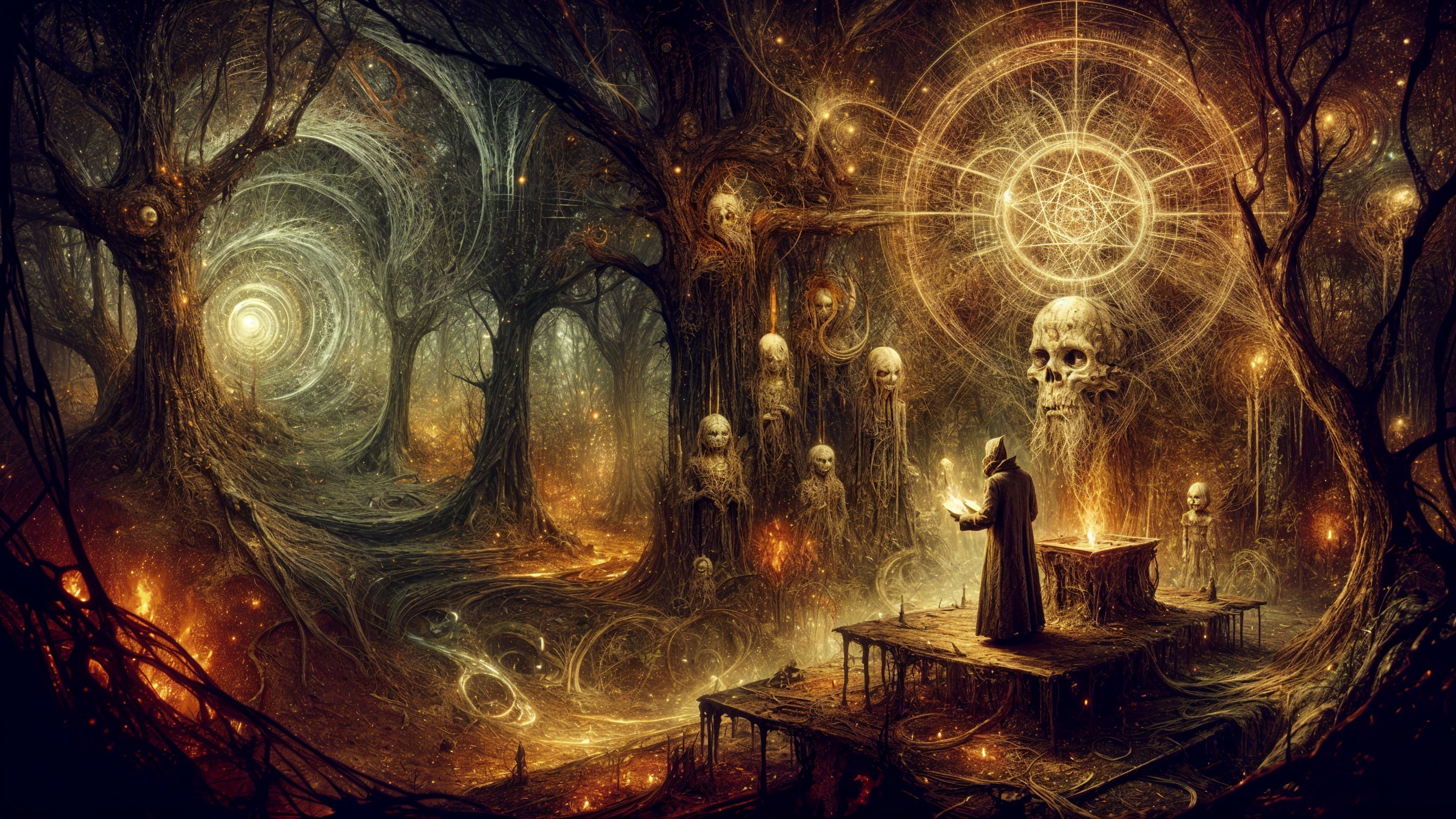 Mystical forest with robed figure and ornate altar