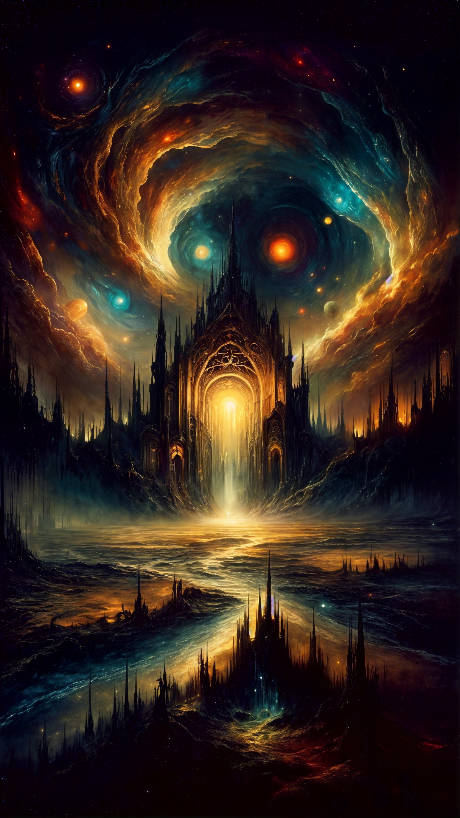 Majestic cosmic landscape with ornate illuminated gateway