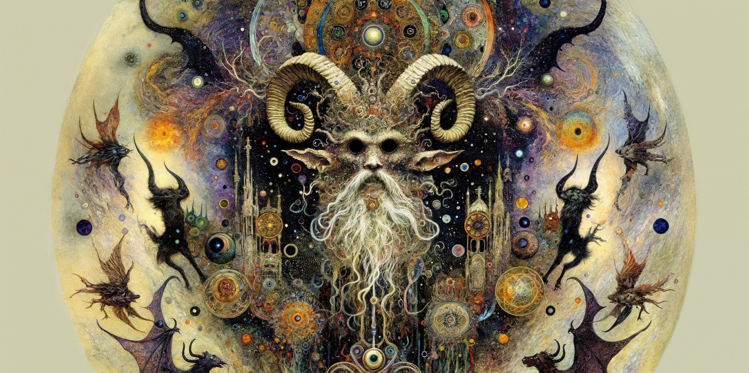 Mystical Figure with Ram's Horns in Cosmic Scene