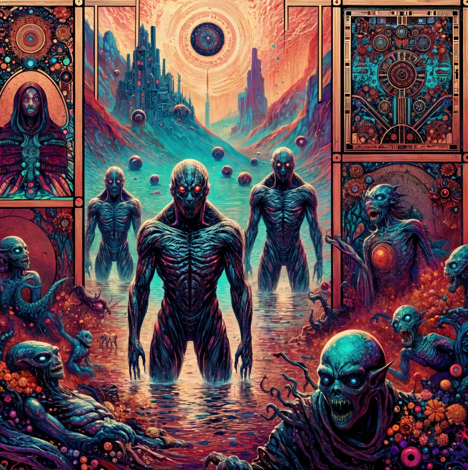 Surreal Landscape with Eerie Figures and Vibrant Water