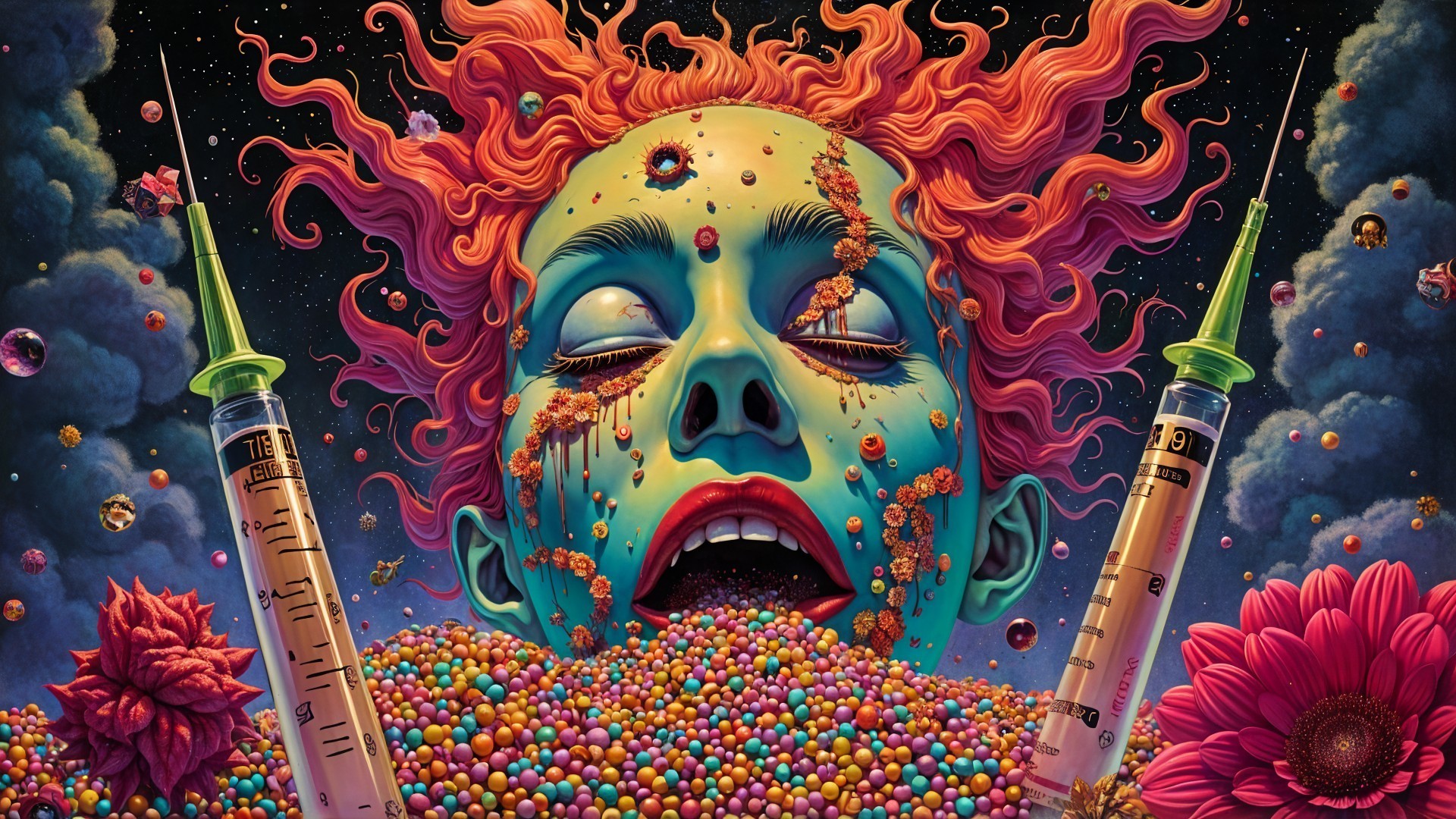 Surreal Portrait with Colorful Spheres and Flowers