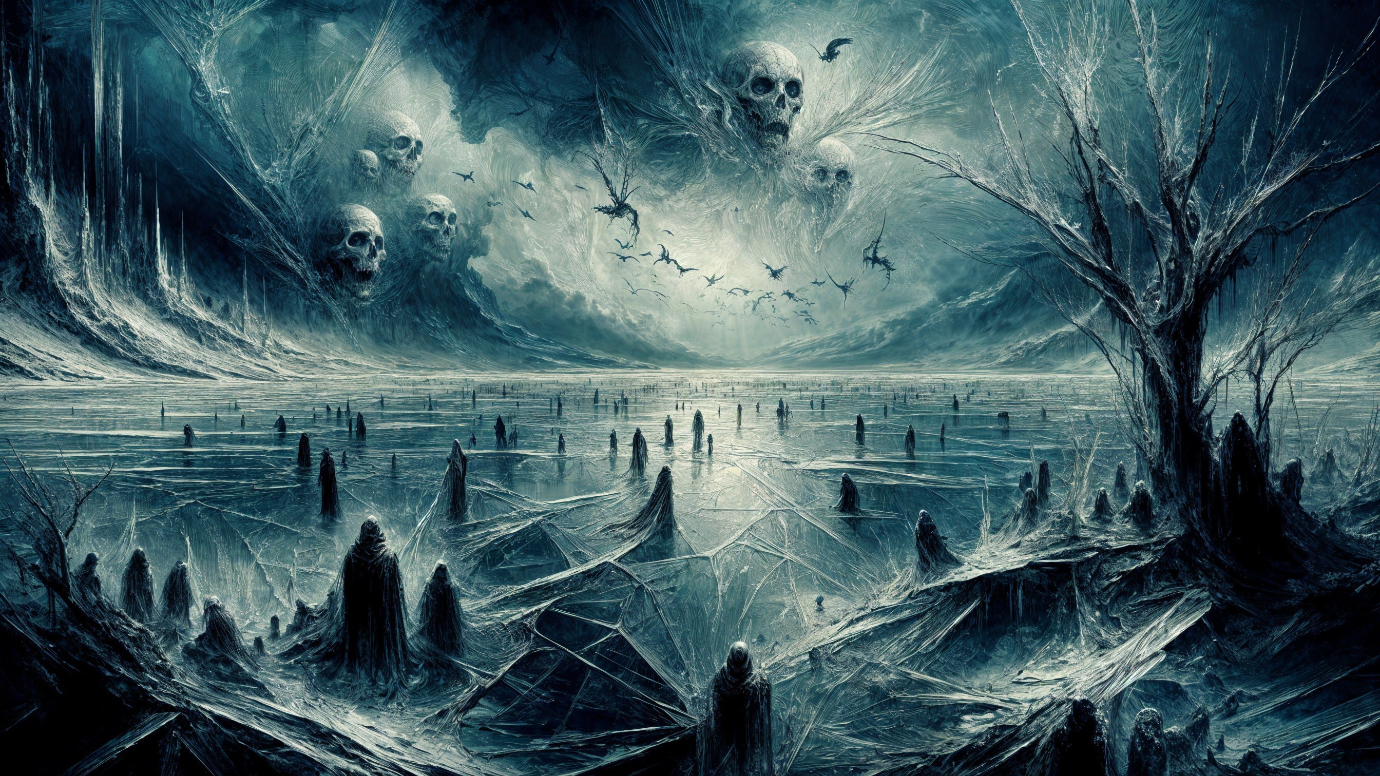 Surreal Landscape with Frozen Lake and Eerie Figures