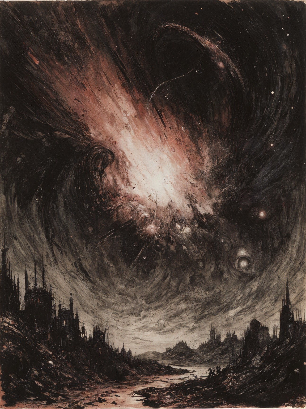 Dramatic Cosmic Scene with Galaxies and Mountains