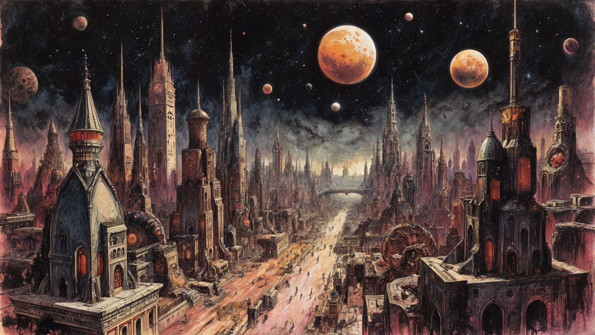 Futuristic cityscape with towering spires and planets