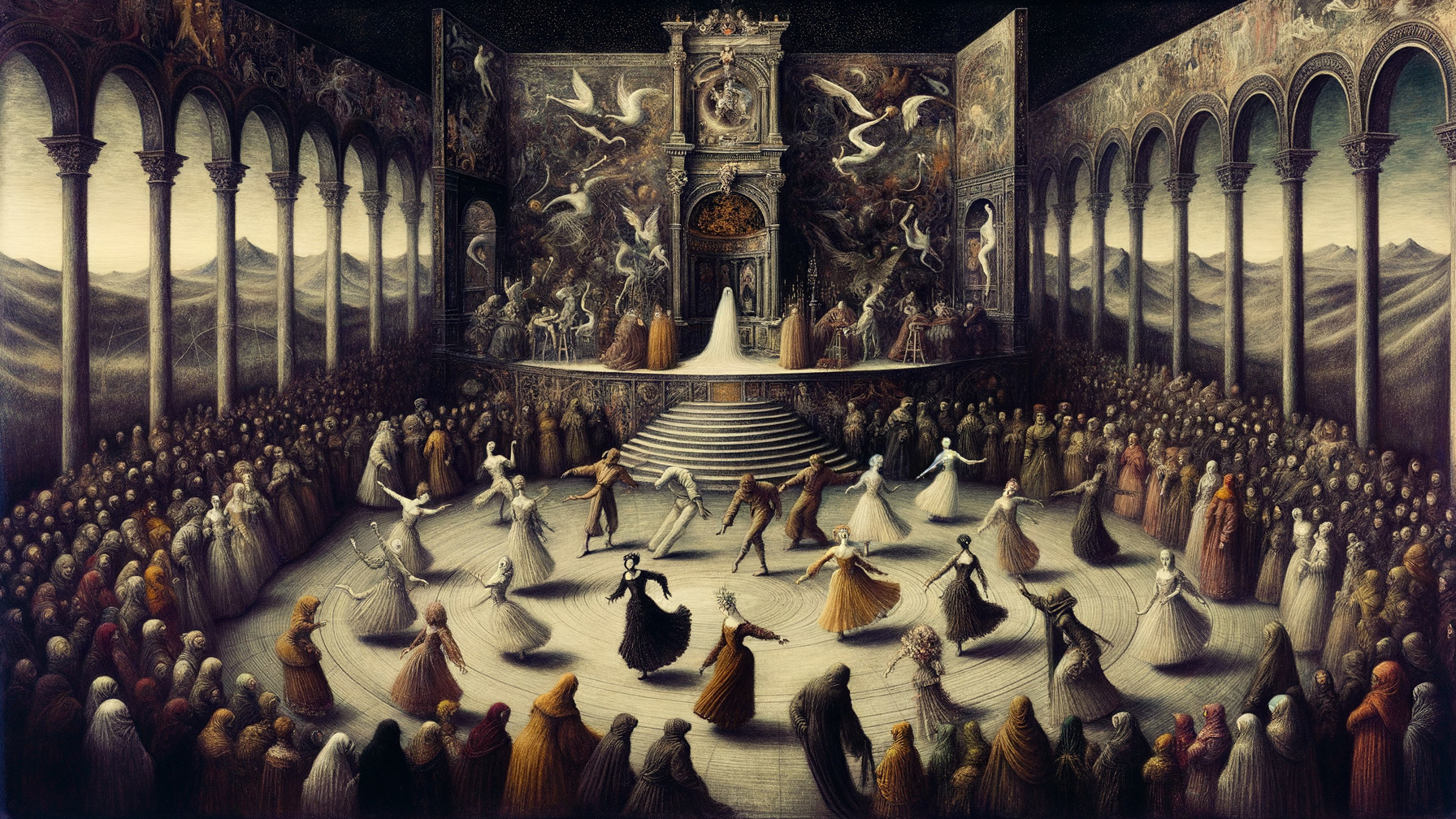 Opulent hall with swirling dancers and majestic murals