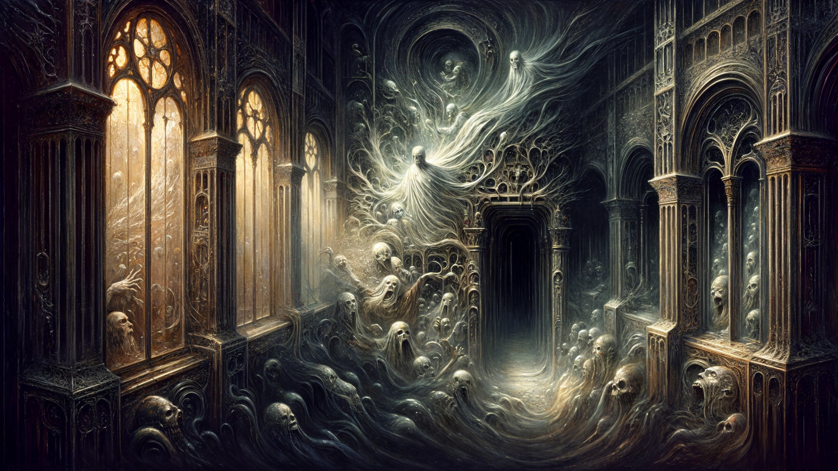 Ethereal Hall with Spectral Figures and Ghostly Light