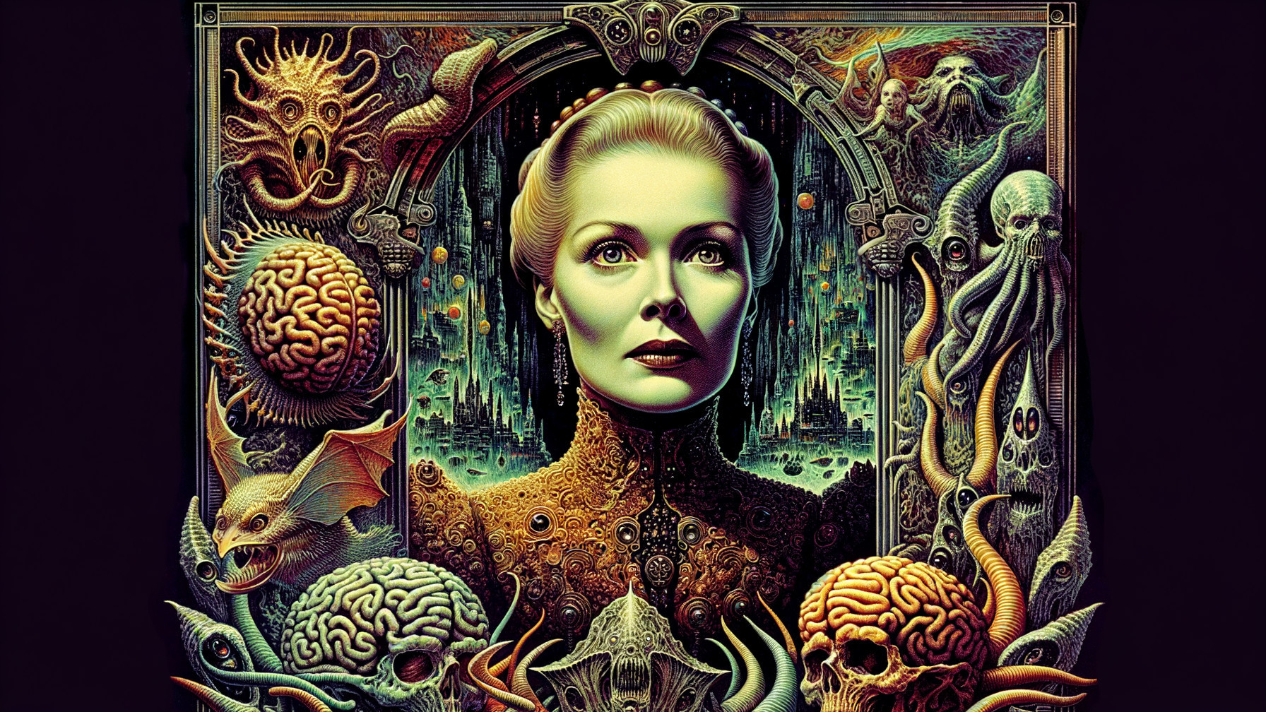 Surreal Portrait of a Woman in Chaotic Fantasy Scene