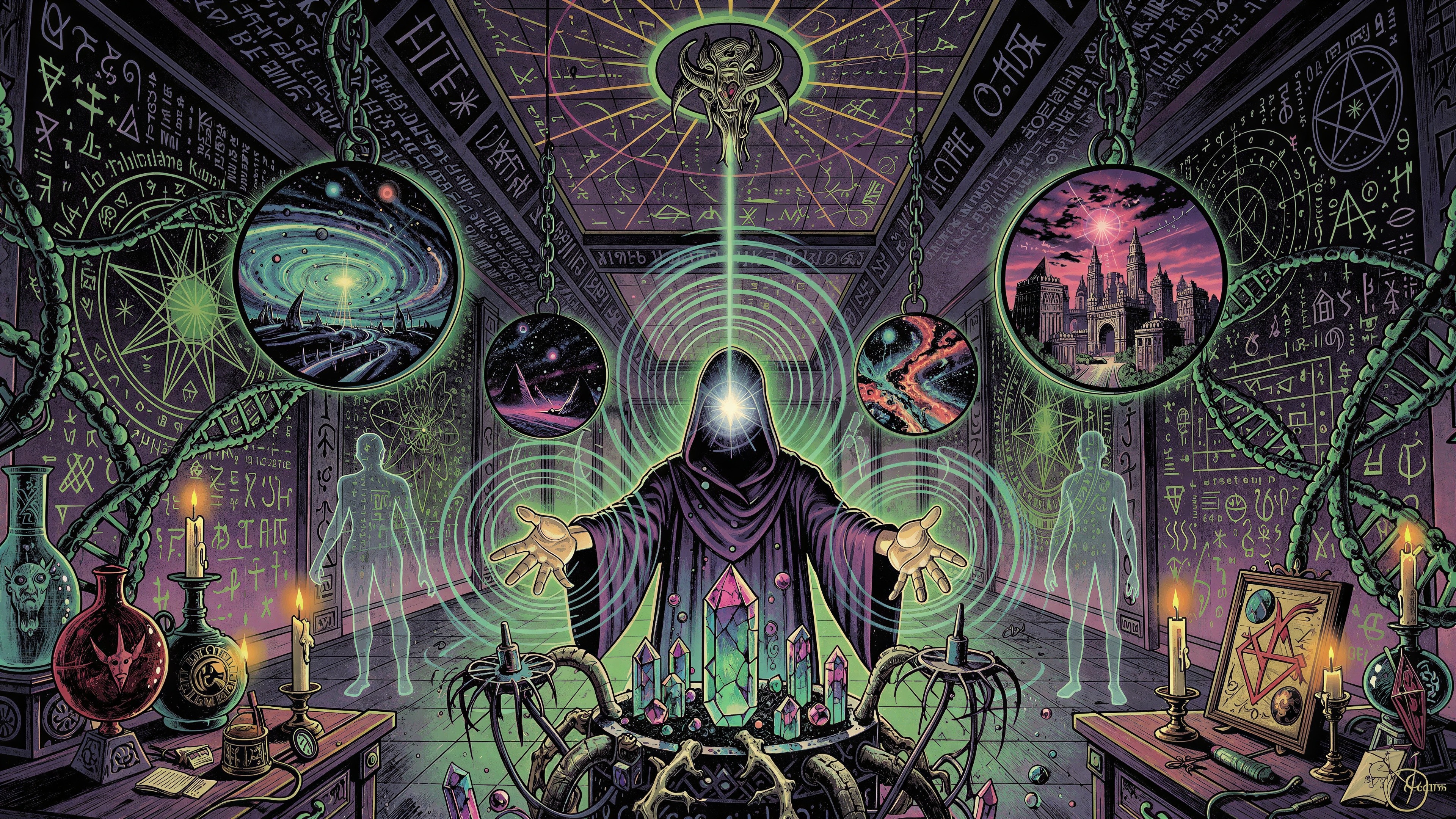Psychedelic Illustration of a Hooded Figure in Laboratory