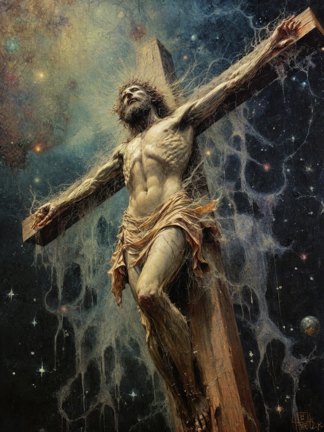 Dramatic Crucifixion with Cosmic Backdrop and Nebula