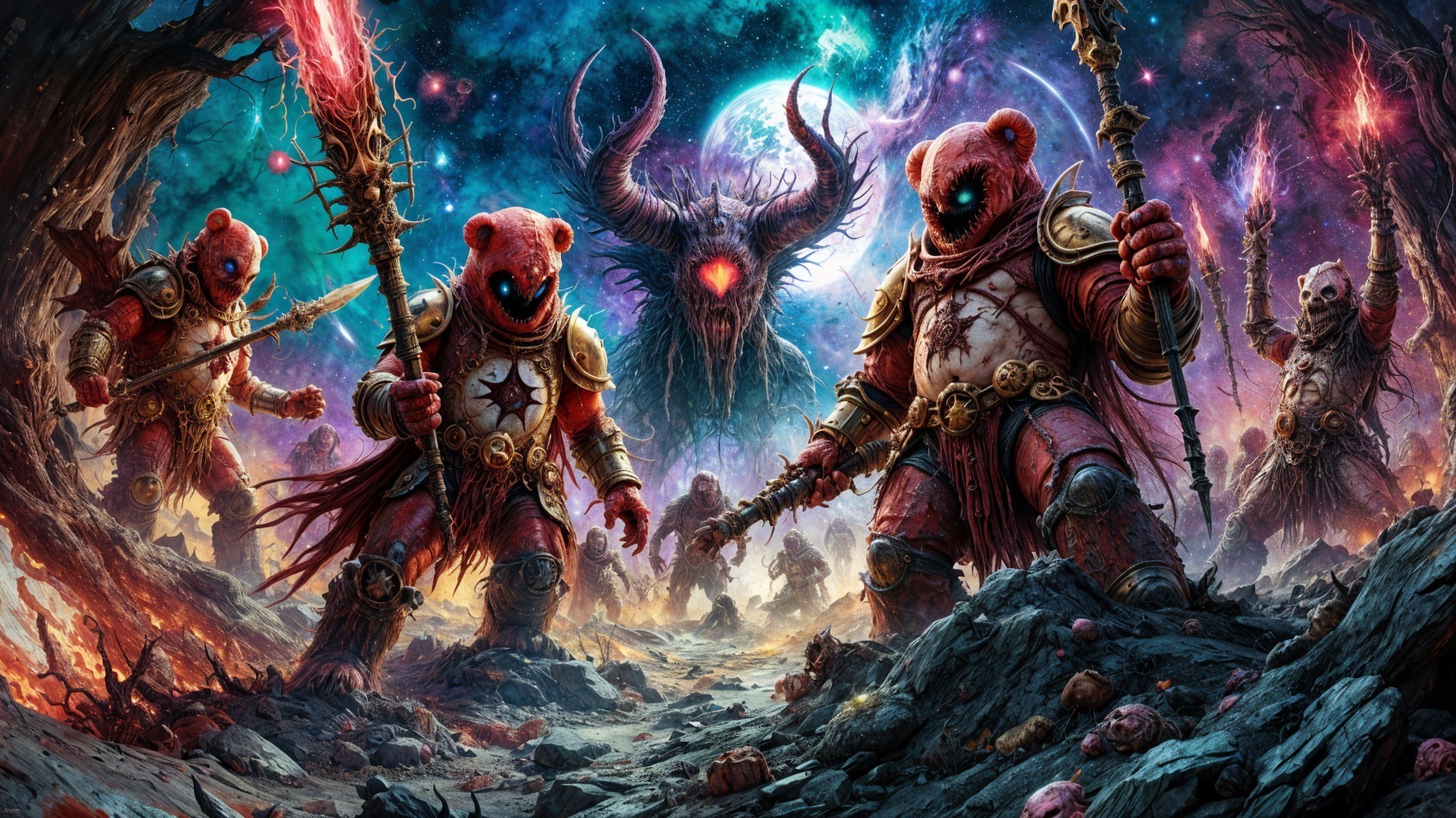 Cosmic Scene of Armored Bear Warriors in Battle