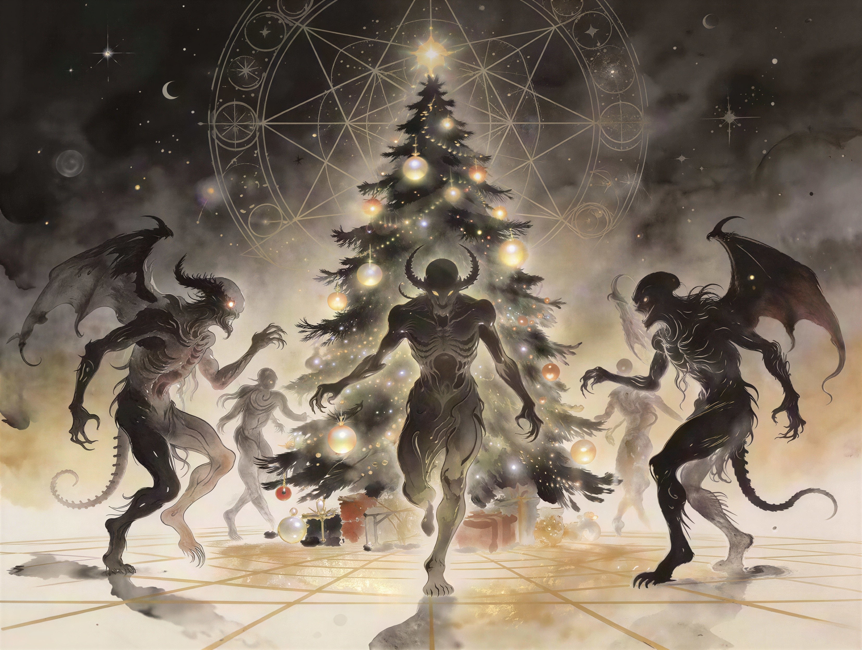 Demonic Creatures in an Apocalyptic Christmas Scene