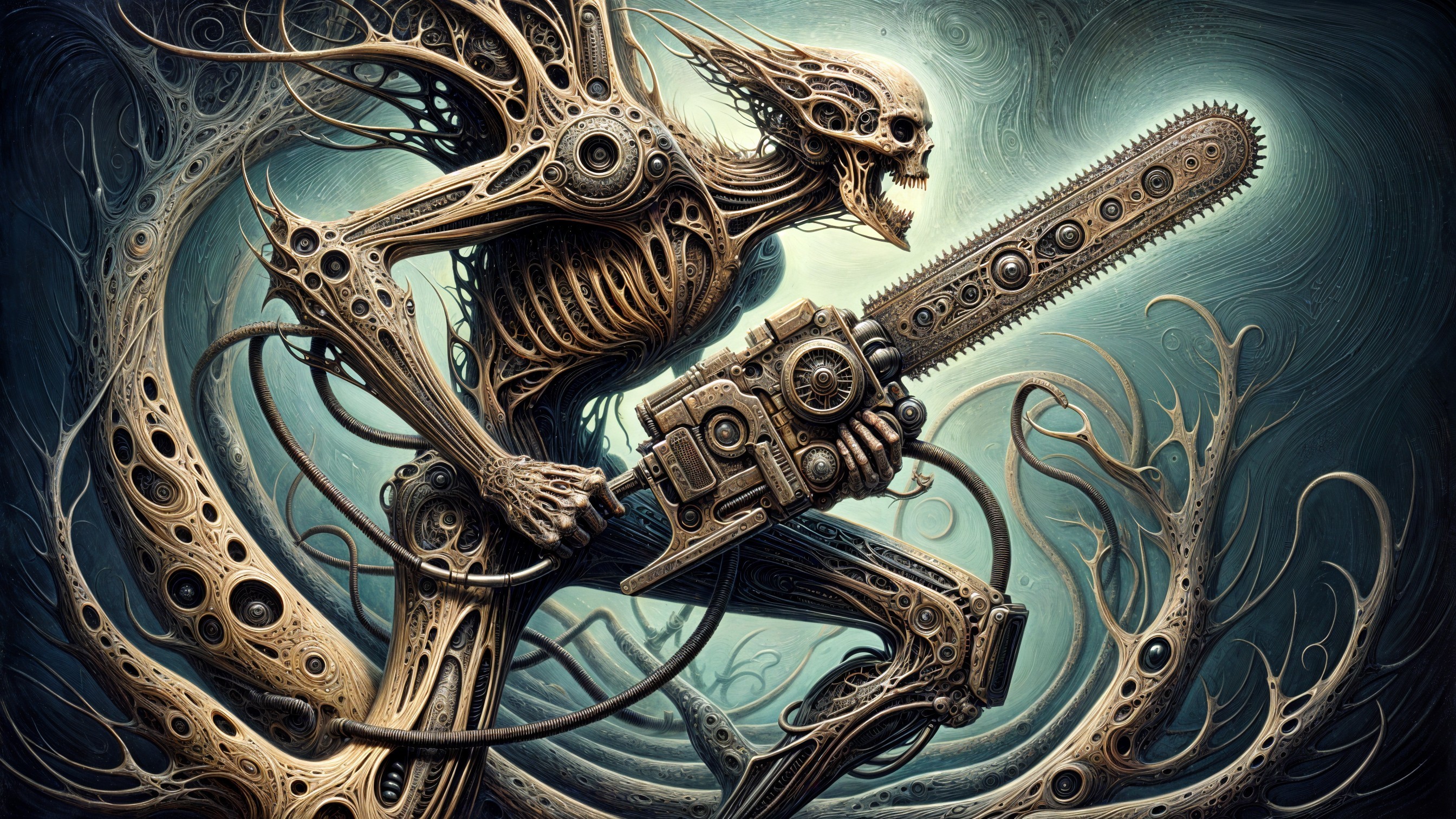 Surreal Skeletal Figure with Chainsaw in Eerie Setting