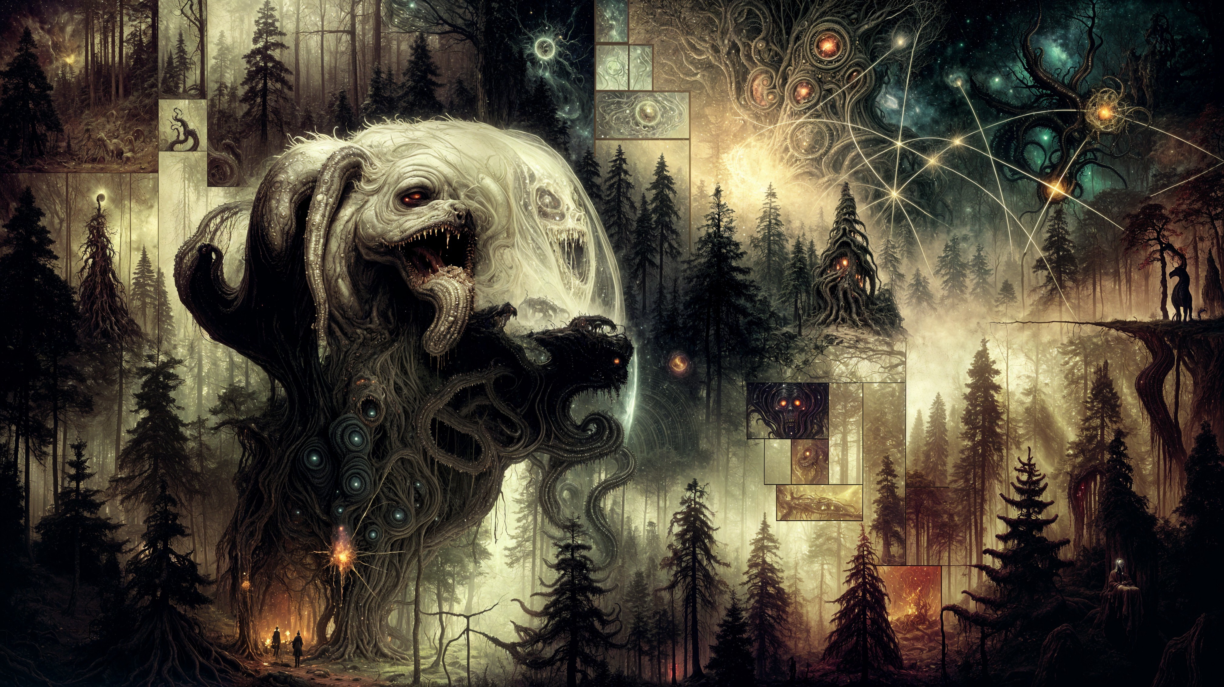 Surreal Landscape with Dark Trees and Monstrous Figure