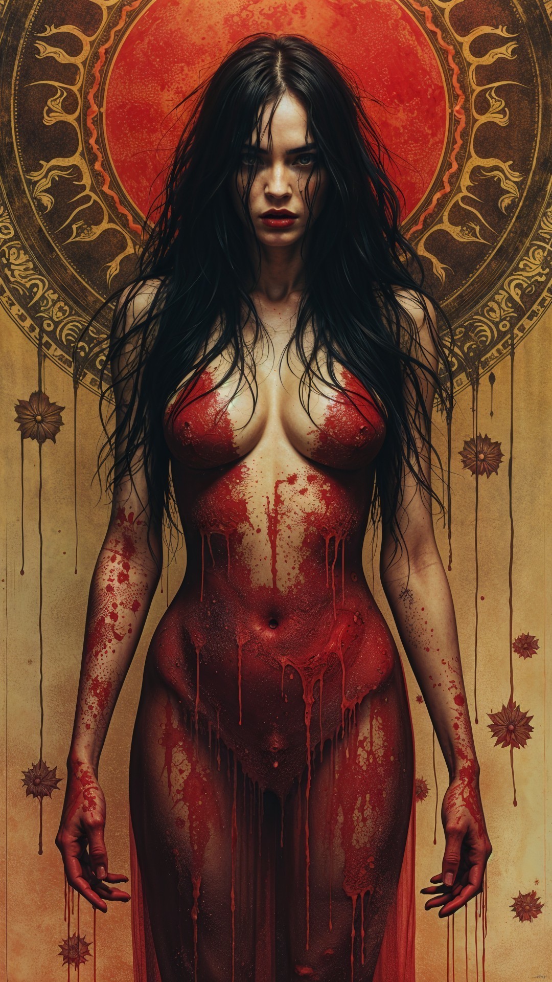 Crimson Figure with Blood and Warm Patterned Background