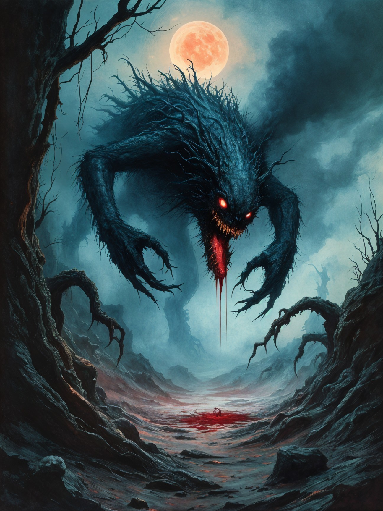 Monstrous figure in a desolate, eerie landscape